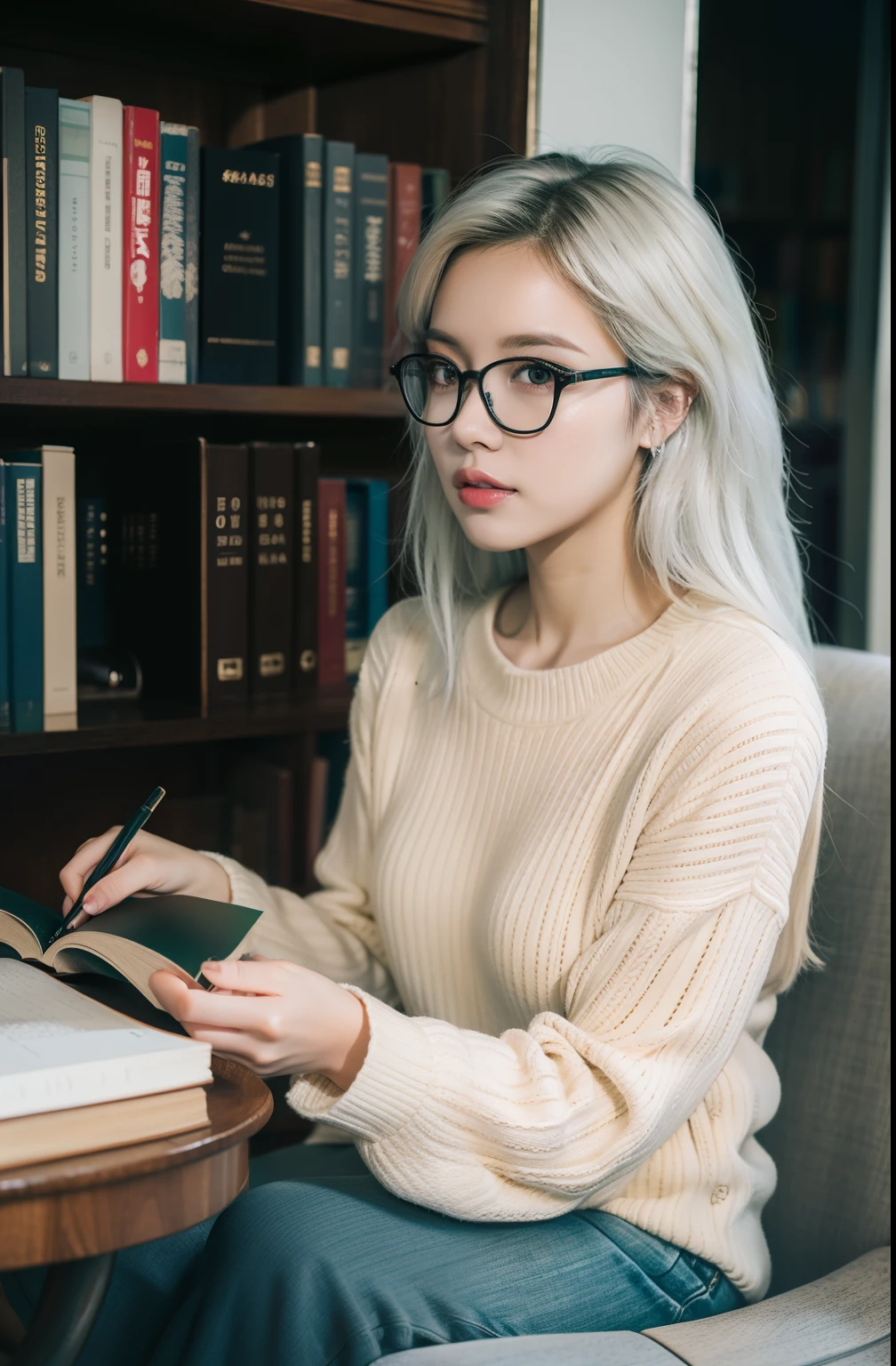 (Best Quality, Ultra-detailed), Girl reading textbook, Beautiful detailed eyes, (Green eyes:1.2), Beautiful detailed lips, longeyelashes, Studying, Quiet library, Soft natural lighting, Bookcase full of books, Curled up in a cozy armchair, Old glasses, Intensive manifestation, Flowing hair, (White hair:1.3), Plaid skirt and blue sky sweater, high resolution images, Vivid colors, Ultra-realistic, Photorealistic, photograph, photogenic, Bokeh.