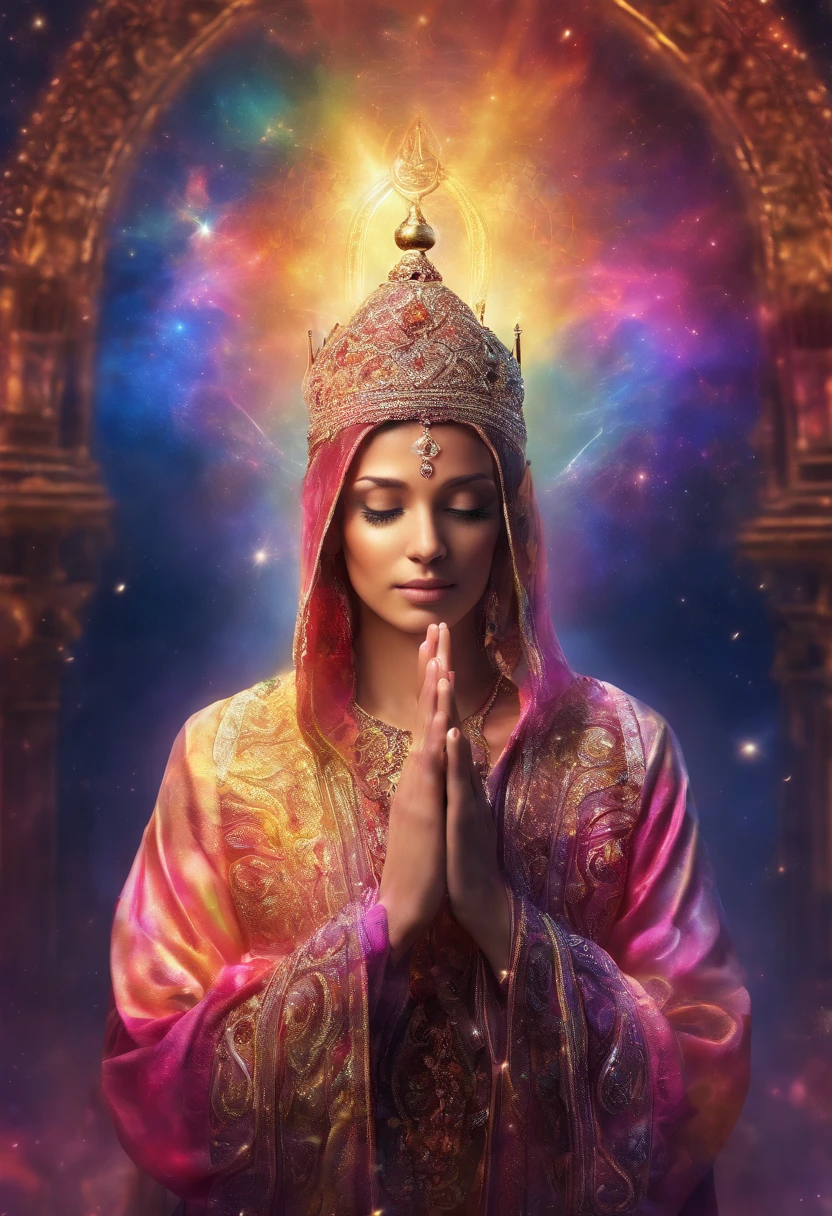 (Allah hands in a prayer position:1.5), (Close-up of the hand:1.5), (Colorful nebula:), vibrante colorsa colorslashh An explosion of colors, complex stuff around, intricate in the background, Spiritual, divine, dreamlike, god, pineal gland, dream like, (extremely detailed CG unity 16k wallpaper:1.1), (Denoising strength: 1.45), (tmasterpiece:1.37), UHD), prayer hands, blessing hand, solemn gesture, praying pose, hyper realistic, god rays, ray tracing, ray tracing, UHD, award winning, award winning