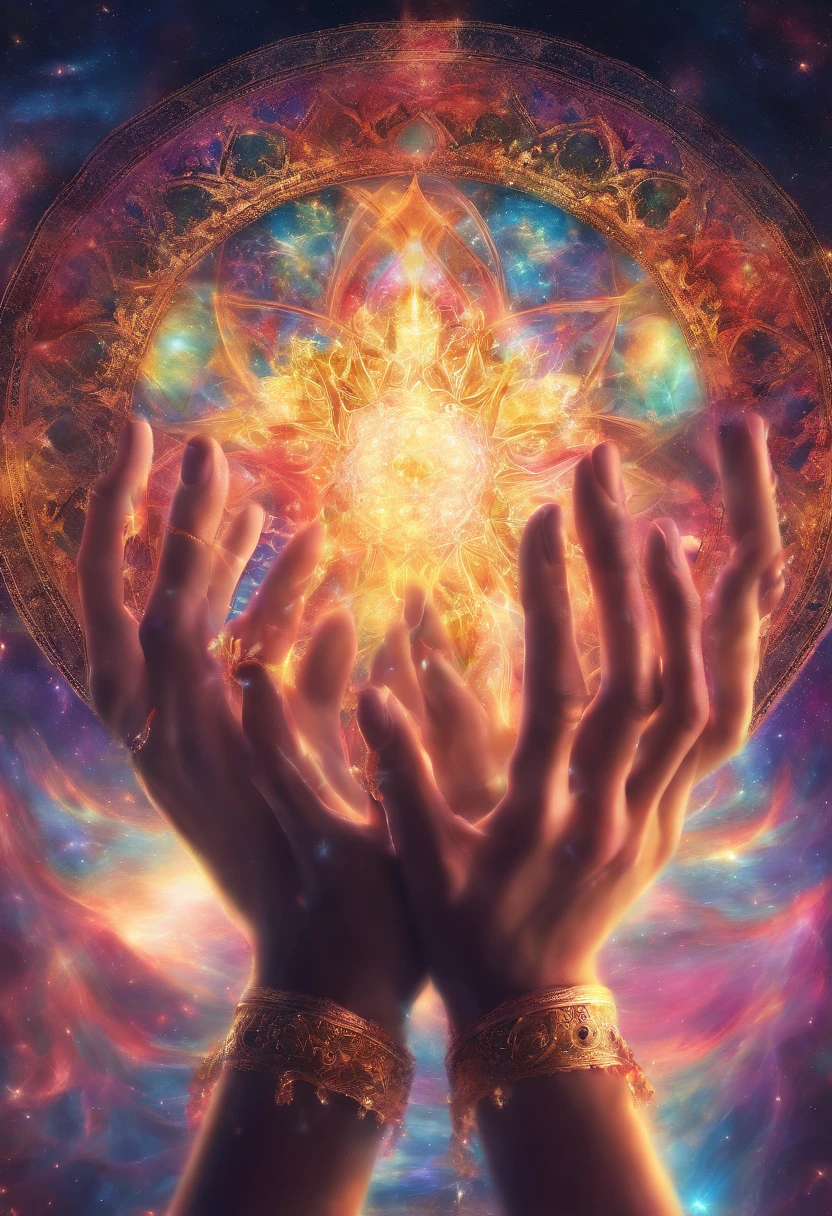 (Allah hands in a prayer position:1.5), (Close-up of the hand:1.5), (Colorful nebula:), vibrante colorsa colorslashh An explosion of colors, complex stuff around, intricate in the background, Spiritual, divine, dreamlike, god, pineal gland, dream like, (extremely detailed CG unity 16k wallpaper:1.1), (Denoising strength: 1.45), (tmasterpiece:1.37), UHD), prayer hands, blessing hand, solemn gesture, praying pose, hyper realistic, god rays, ray tracing, ray tracing, UHD, award winning, award winning