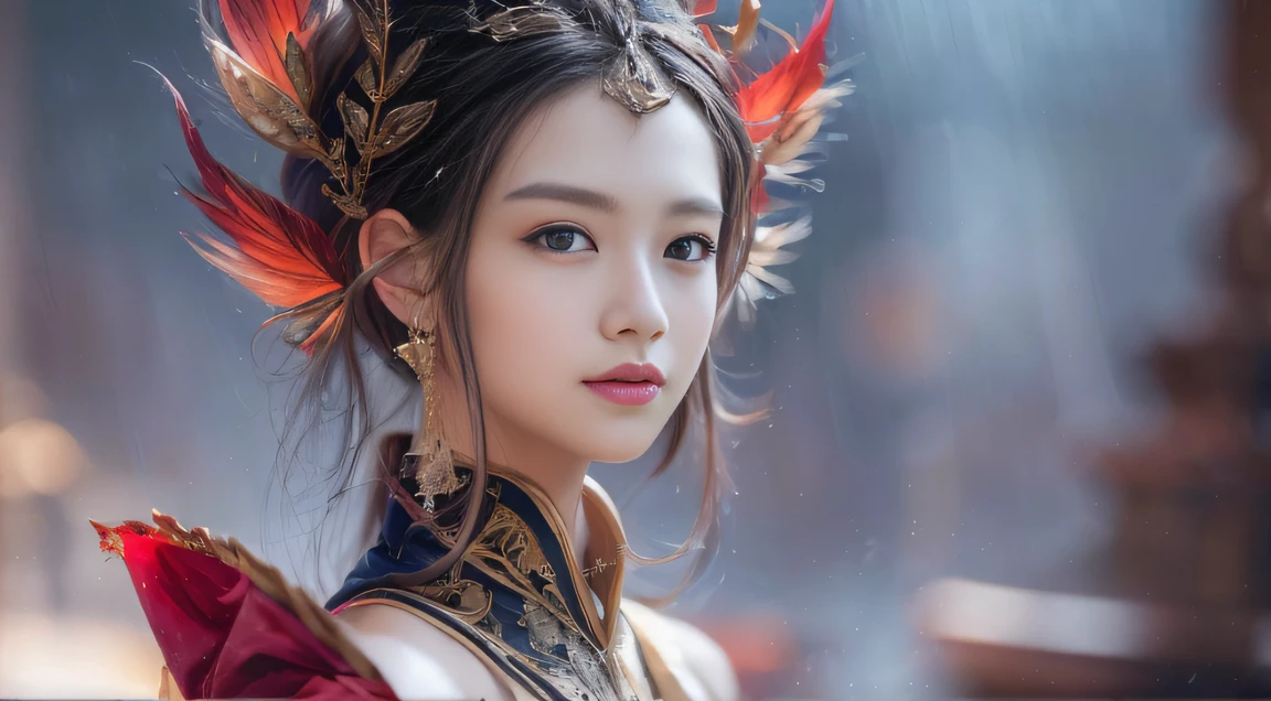 Fantasy Fairy Legend 32K,复杂,ellegance,highly detailed,A majestic,Digital photography,Top cinema lenses,surrealism painting,Broken rubies,Beating magic,Entwined water magic,(tmasterpiece,Cinematic light,Fine beautiful eyes:1.2),hdr,Void 5 Energy Storm,(China 1 girl,Black eyes:1.5),Rouge skin,Glowing skin,(sitting on the stone:1.5),delicated face,Black color hair,Wearing palatial red armor,cropped shoulders,The Legend of the Fantasy Fairy,long skirt,Beautiful platinum armor,Rained,big breasts beautiful,looking at viewert,Face away from the camera,tmasterpiece,Side upper body,Side portrait close-up