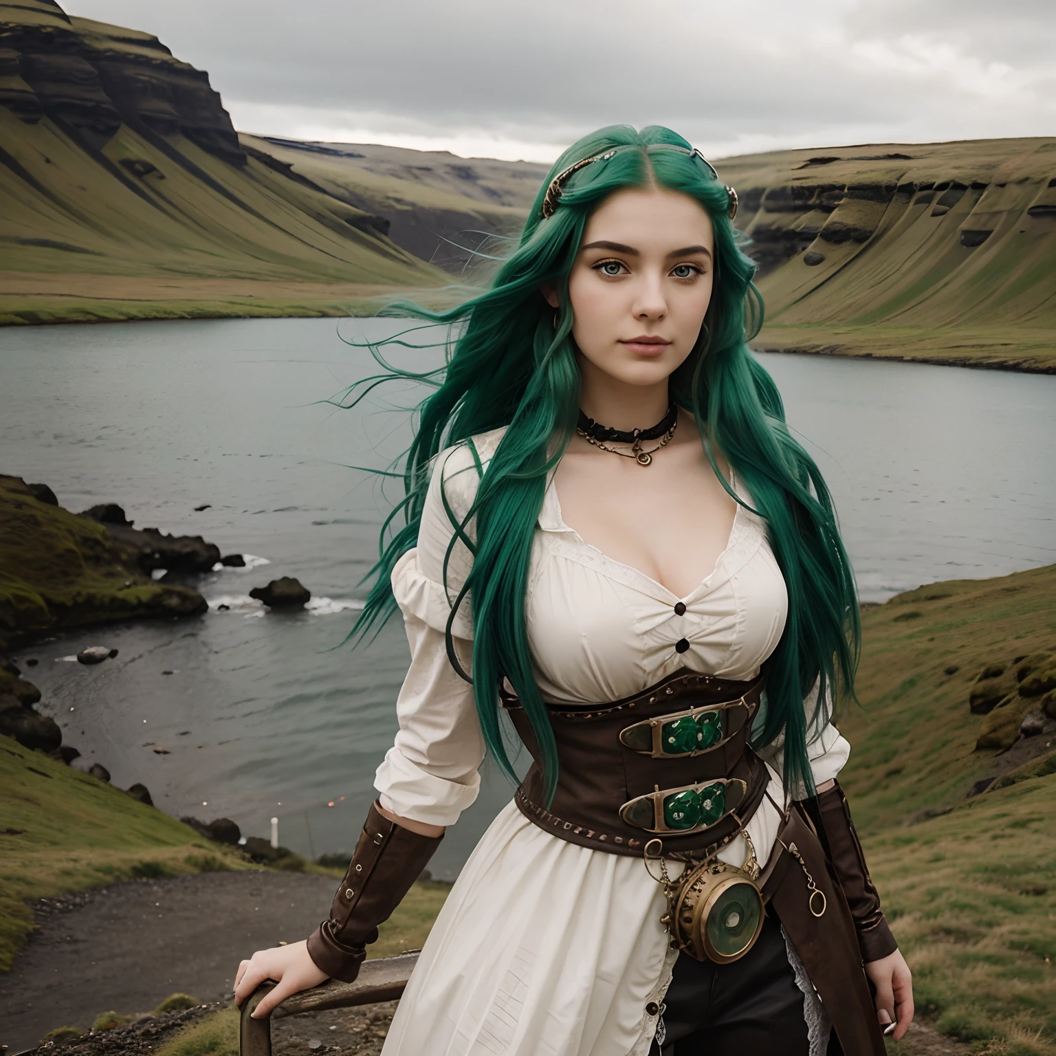 Dilara, the 21-year-old icelandic girl with emerald green hair flowing in the wind, she has a cute oval face, in steampunk style, in renaissance background