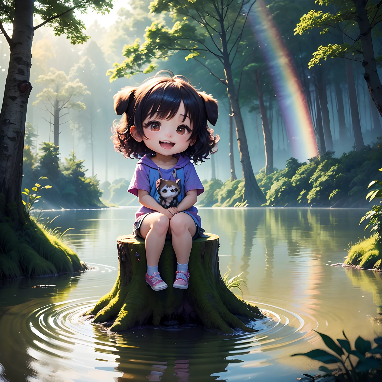 ​masterpiece、top-quality、ultra-detailliert、Fairy Daughter、(Chibi Chara:1.1)、wraith、Curly hair、Open your mouth and smile、lake in the middle of a forest、(Sit on the Rainbow Bridge:1.2)、Rainbow Light、the morning sun、rainbows