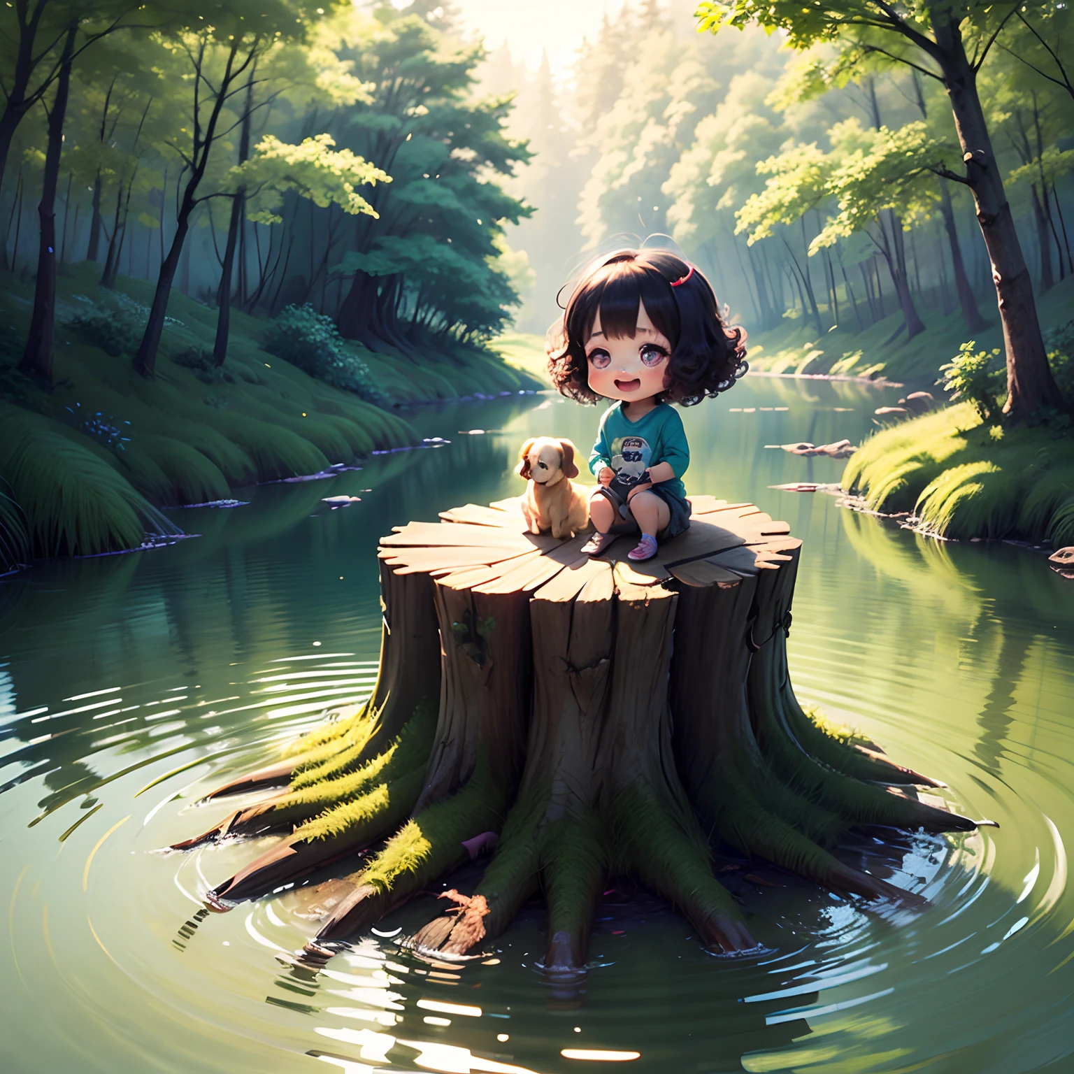 masterpiece、top-quality、ultra-detailliert、(Pigle dog daughter:1.2)、(Chibi Chara:1.1)、wraith、Curly hair、Open your mouth and smile、lake in the middle of a forest、Sit on a stump、Rainbow Light、the morning sun、rainbows