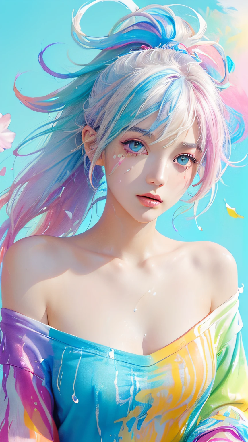 （Pink Fashion T-shirt：1.9），(Colorful hair: 1.8), (all the colours of the rainbow: 1.8),(((((vertical painting：1.6))), （painting：1.6），front, comics, illustrations, paintings, large eyes, crystal clear eyes,（ rainbow color gradient high ponytail：1.7）, exquisite makeup, closed mouth,(Small Fresh: 1.5),(Wipe Chest: 1.6) ，long eyelashes, white off shoulder T-shirt,  White Shoulder Shirt，looking at the audience, large watery eyes, (rainbow colored hair：1.6), color splash, （solo：1.8）, color splash, color explosion, thick paint style, messy lines, ((shining))，(colorful), (colorful), (colorful), colorful, Thick Paint Style, (Splash) (Color Splash), Vertical Painting, Upper Body, Paint Splash, Acrylic Pigment, Gradient, Paint, Highest Image Quality, Highest Quality, Masterpiece, Solo, Depth of Field, Face Paint,  colorful clothes, (Elegant: 1.2), gorgeous,long hair, wind, (Elegant: 1.3), (Petals: 1.4)，(((masterpiece))),(((best quality))),((ultra-detailed)),(illustration),(dynamic angle),((floating)),(paint),((disheveled hair)),(solo),(1girl) , (((detailed anima face))),((beautiful detailed face)),collar,bare shoulders,white hair, ((colorful hair)),((streaked hair)),beautiful detailed eyes,(Gradient color eyes),(((colorful eyes))),(((colorful background))),(((high saturation))),(((surrounded by colorful splashes))),