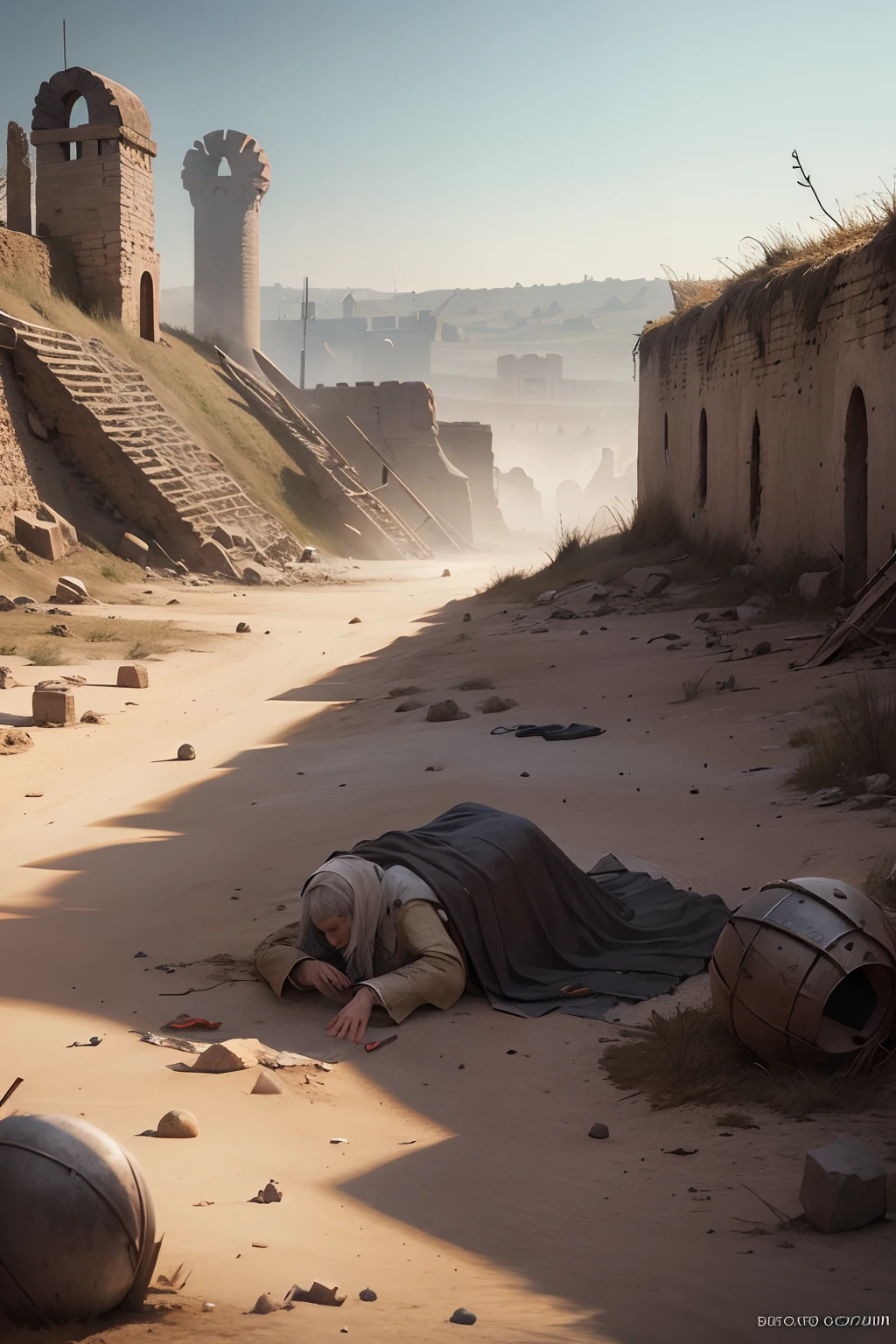 Medieval war zone, dead body, Desolation, b&Show on the, landscape, Drawing