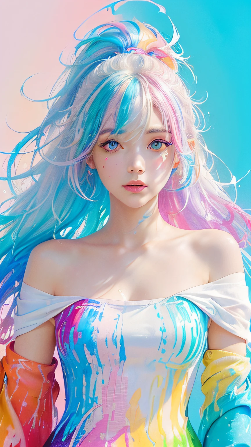 （Pink Fashion T-shirt：1.9），(Colorful hair: 1.8), (all the colours of the rainbow: 1.8),(((((vertical painting：1.6))), （painting：1.6），front, comics, illustrations, paintings, large eyes, crystal clear eyes,（ rainbow color gradient high ponytail：1.7）, exquisite makeup, closed mouth,(Small Fresh: 1.5),(Wipe Chest: 1.6) ，long eyelashes, white off shoulder T-shirt,  White Shoulder Shirt，looking at the audience, large watery eyes, (rainbow colored hair：1.6), color splash, （solo：1.8）, color splash, color explosion, thick paint style, messy lines, ((shining))，(colorful), (colorful), (colorful), colorful, Thick Paint Style, (Splash) (Color Splash), Vertical Painting, Upper Body, Paint Splash, Acrylic Pigment, Gradient, Paint, Highest Image Quality, Highest Quality, Masterpiece, Solo, Depth of Field, Face Paint,  colorful clothes, (Elegant: 1.2), gorgeous,long hair, wind, (Elegant: 1.3), (Petals: 1.4)，(((masterpiece))),(((best quality))),((ultra-detailed)),(illustration),(dynamic angle),((floating)),(paint),((disheveled hair)),(solo),(1girl) , (((detailed anima face))),((beautiful detailed face)),collar,bare shoulders,white hair, ((colorful hair)),((streaked hair)),beautiful detailed eyes,(Gradient color eyes),(((colorful eyes))),(((colorful background))),(((high saturation))),(((surrounded by colorful splashes))),