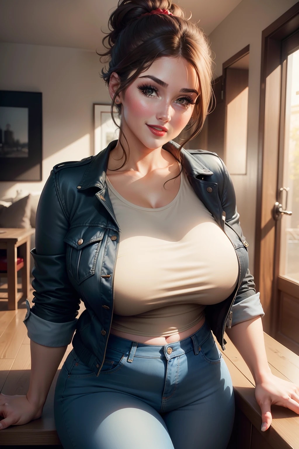 Lucy Pinder, portrait, face portrait, red lips, smiling, voluptuous, chubby woman, hair tied in a chignon, brown hair, short hair, blue t-shirt, black jacket, jeans.}