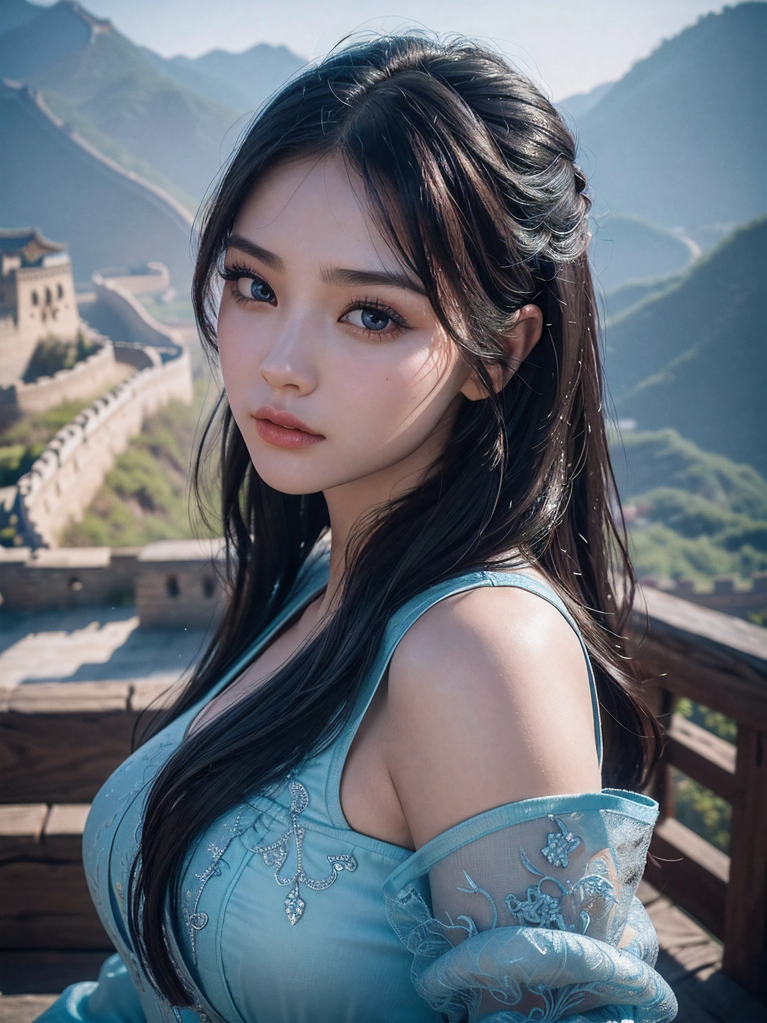 1 girl, On the Great Wall of China, Sexy, full bodyesbian, Beautiful detailed eyes,beautiful detailed lips,Extremely detailed eyes and face,Long eyelashes, enchanting landscape,(Best quality,4K,8K,A high resolution,Masterpiece:1.2),Ultra-detailed,(Realistic,Photorealistic,photo-realistic:1.37),