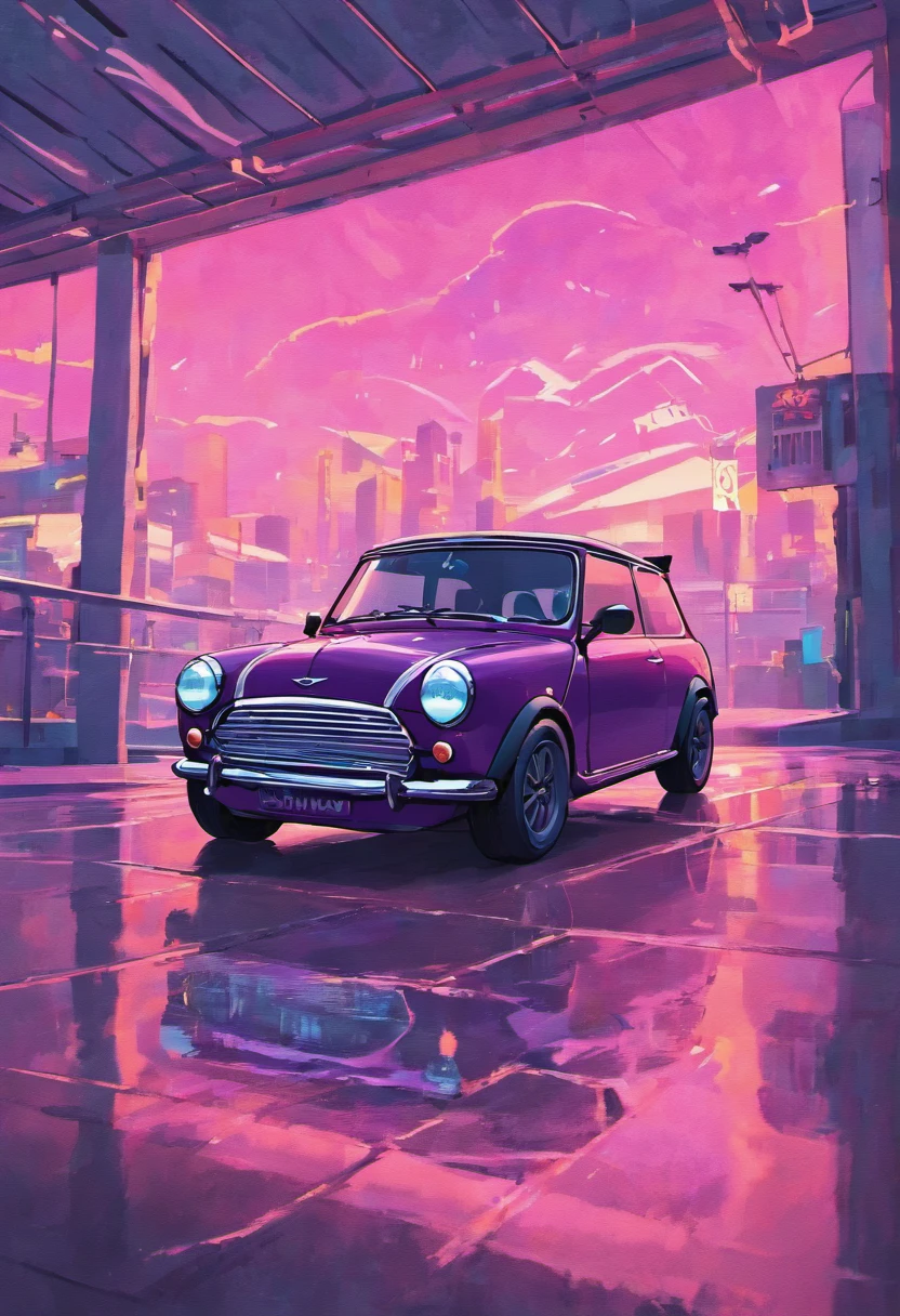 The same Mini Cooper as the real thing before sunset, Vaporwave Style, Neon style, smooth lines, Vector gluing art, Vector Kernel, intricate detailes, Black T-shirt Design, 8K