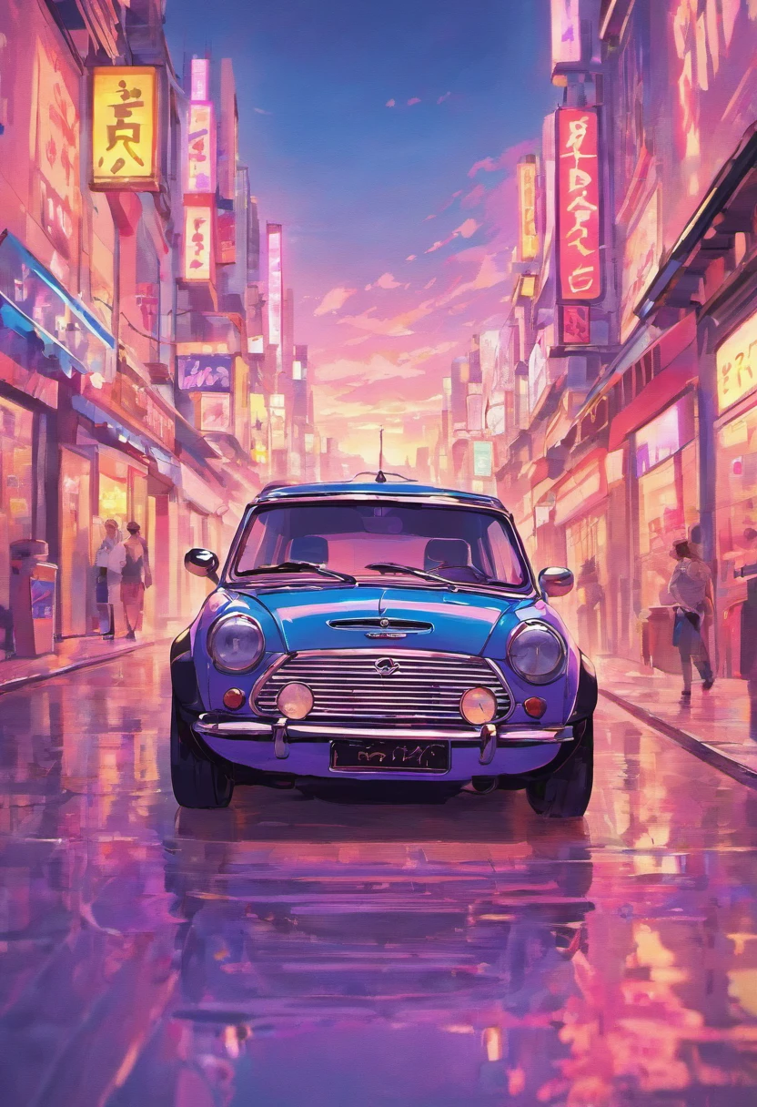 The same Mini Cooper as the real thing before sunset, Vaporwave Style, Neon style, smooth lines, Vector gluing art, Vector Kernel, intricate detailes, Black T-shirt Design, 8K