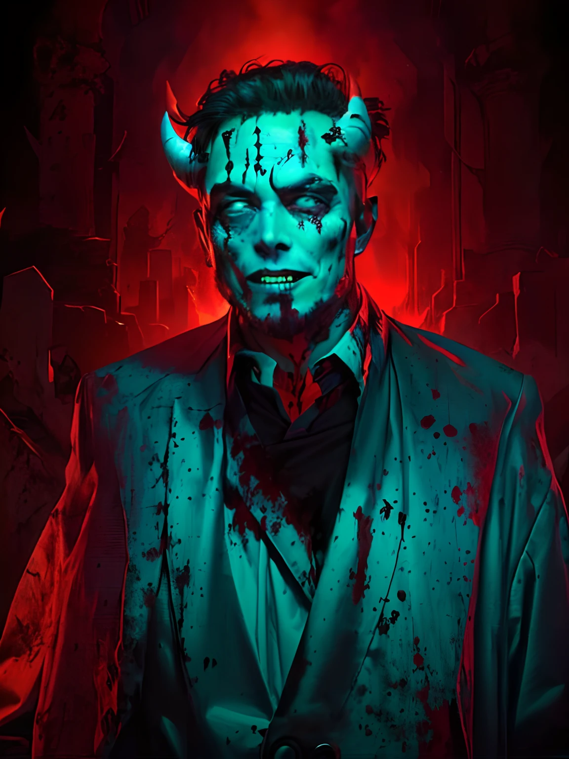 Elon musk with a horned head and a bloodied face, Fit male demon with white horns, diabo, dren de emenda, devils, male vampire of clan banu haqim, the devil, satanic horror, Moloch, com chifres, butcher angry rotting zombie, demoniaca, Tom espera como Hellboy, a devilish grin on his face