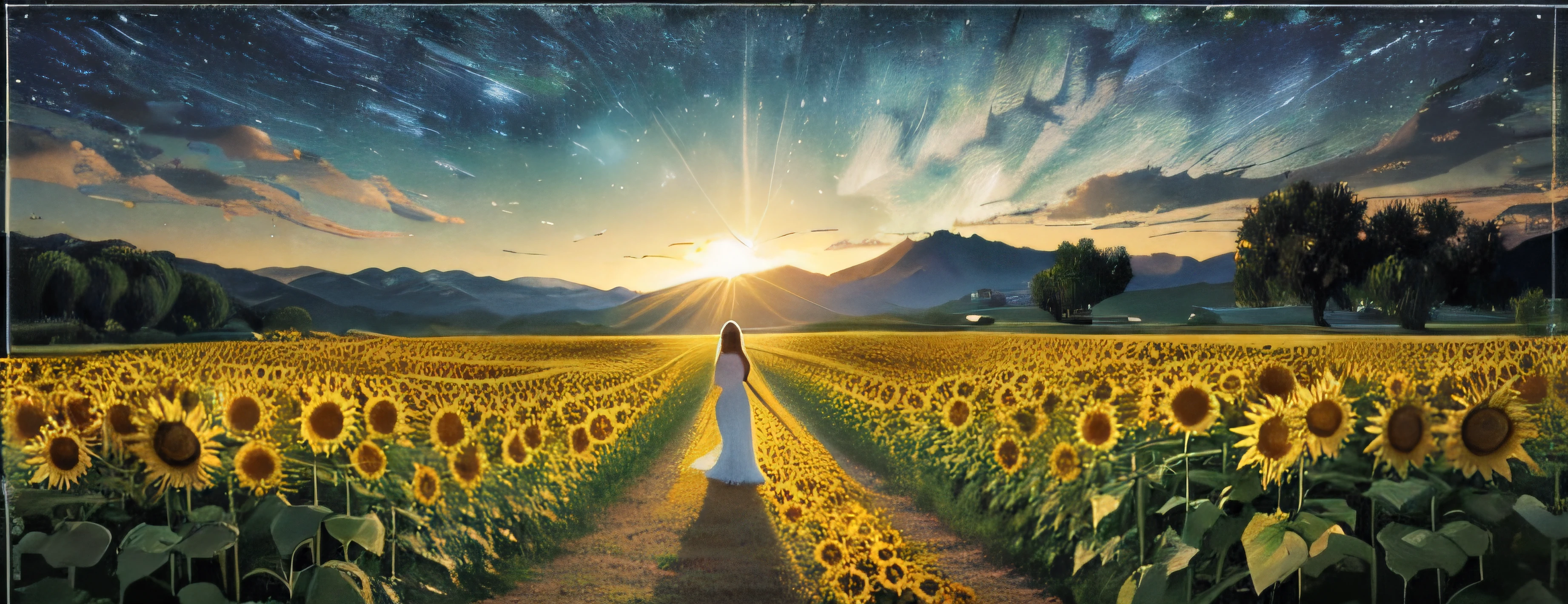 In a sunflower field, in the style of Van Gogh, a woman in a flowing white dress stands at a distance. The field is filled with vibrant and tall sunflowers, their bright yellow and orange petals contrasting against the clear blue sky. The woman's dress softly sways in the gentle breeze as she gazes at the endless expanse of flowers. The details of her face are exquisitely depicted, with beautiful, detailed eyes and lips that bring life to her expression. Delicate brushstrokes capture the texture of the sunflowers, emphasizing their unique shapes and patterns. The sunflowers reach towards the sun, their long stems stretching towards the heavens. The painting showcases an ultra-detailed rendering of the scene, with every individual petal and leaf intricately portrayed. The colors are vivid and vibrant, with a bold and expressive palette reminiscent of Van Gogh's iconic style. The lighting creates a warm and glowing atmosphere, as the sun casts long shadows across the field. The overall image quality is of the highest level, allowing viewers to appreciate every minute detail and brushstroke. The prompt embodies the essence of Van Gogh's artistry, capturing the beauty and charm of nature in a sunflower-filled field, with a distant woman in a white dress adding a touch of mystery and allure to the scene.