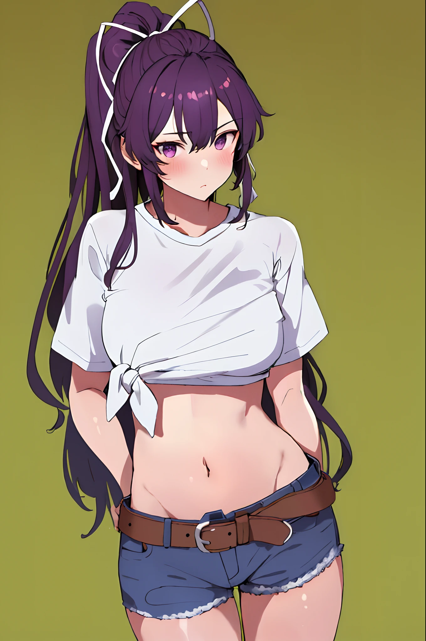 (masterpiece:1.5), (bestquality), highlydetailed, ultra-detailed, solo, (1girl), looking at viewer, simple background, white shirt, short sleeves, tied shirt, front-tie top, very long hair, ponytail, hair ribbon, white ribbon, purple hair, long hair, purple eyes, large breasts, breasts, midriff, navel, jeans, pants, belt, groin