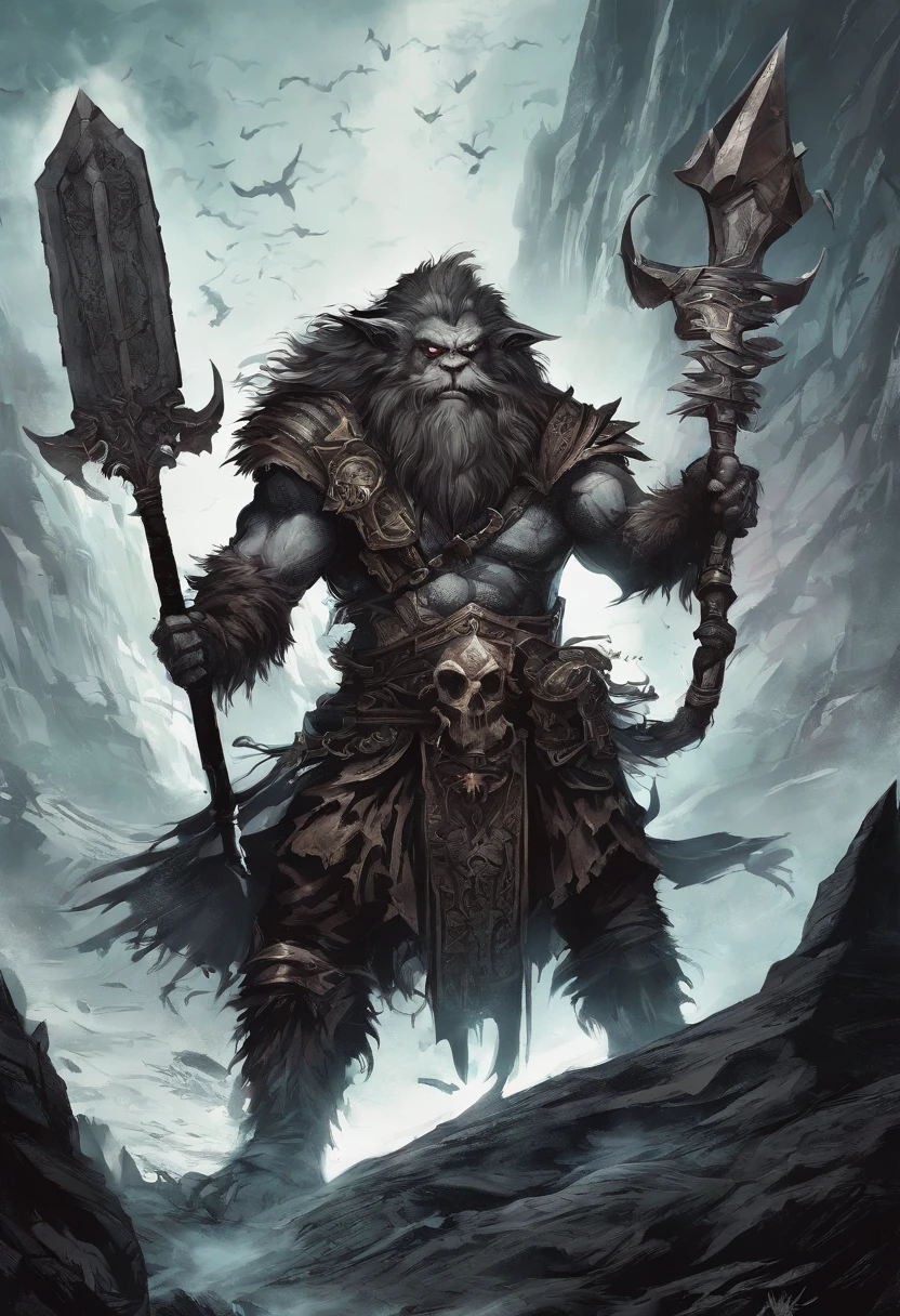 there is a painting of a troll with a hammer in his hand, bugbear, bugbear ranger, raging bugbear, epic full color illustration, grog strongjaw, fur-clad barbarian goliath, a druid, gnoll, tyler edlin fantasy art, troll, humblewood art style, high fantasy illustration, druid warrior, amazingly detailed d & d art