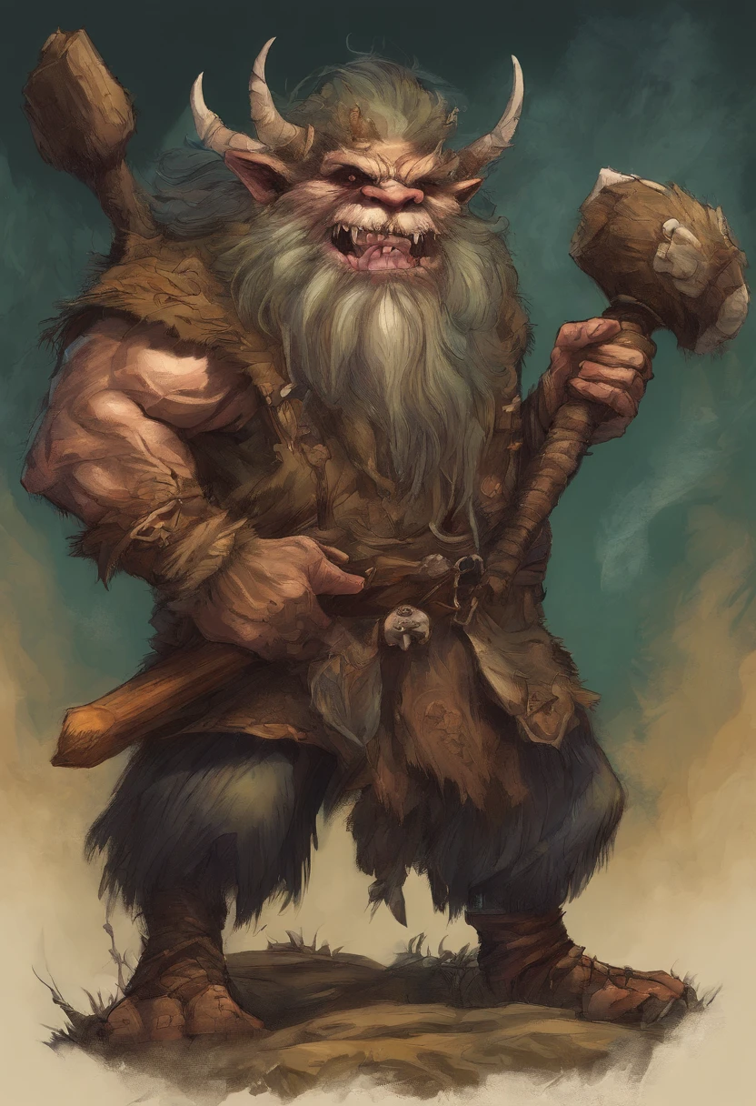there is a painting of a troll with a hammer in his hand, bugbear, bugbear ranger, raging bugbear, epic full color illustration, grog strongjaw, fur-clad barbarian goliath, a druid, gnoll, tyler edlin fantasy art, troll, humblewood art style, high fantasy illustration, druid warrior, amazingly detailed d & d art