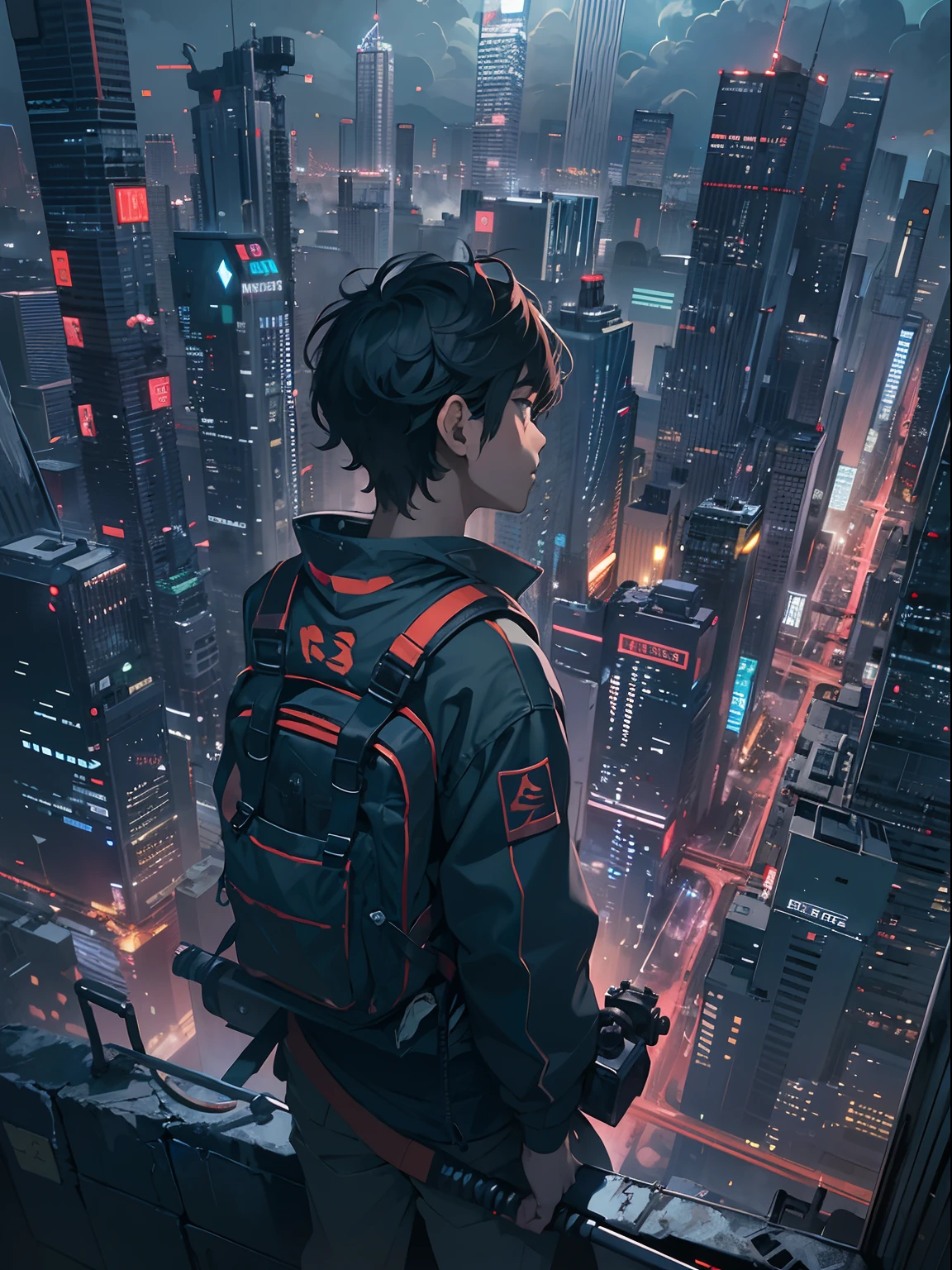 1boy,(a boy:1.5)、Cyberpunk Boy、Japan sword on the back、Whole body bloody、Upper body only shot、Overhead view of the composition、The beginning of the adventure、Lots of clouds,heavy fog、Moon,Chaotic city of the future、Movie dystopia、A group of very tall skyscrapers stands in the center、Very complex cityscape,Crowded Chinese skyscrapers、street signs、streetlights、taxis、buses、Train、Pretty dim lighting、Dark road、puddles、Chaotic、Beautiful and fantastic scenery、Cinematic scenery、hightquality、masutepiece,in 8K、hight resolution、