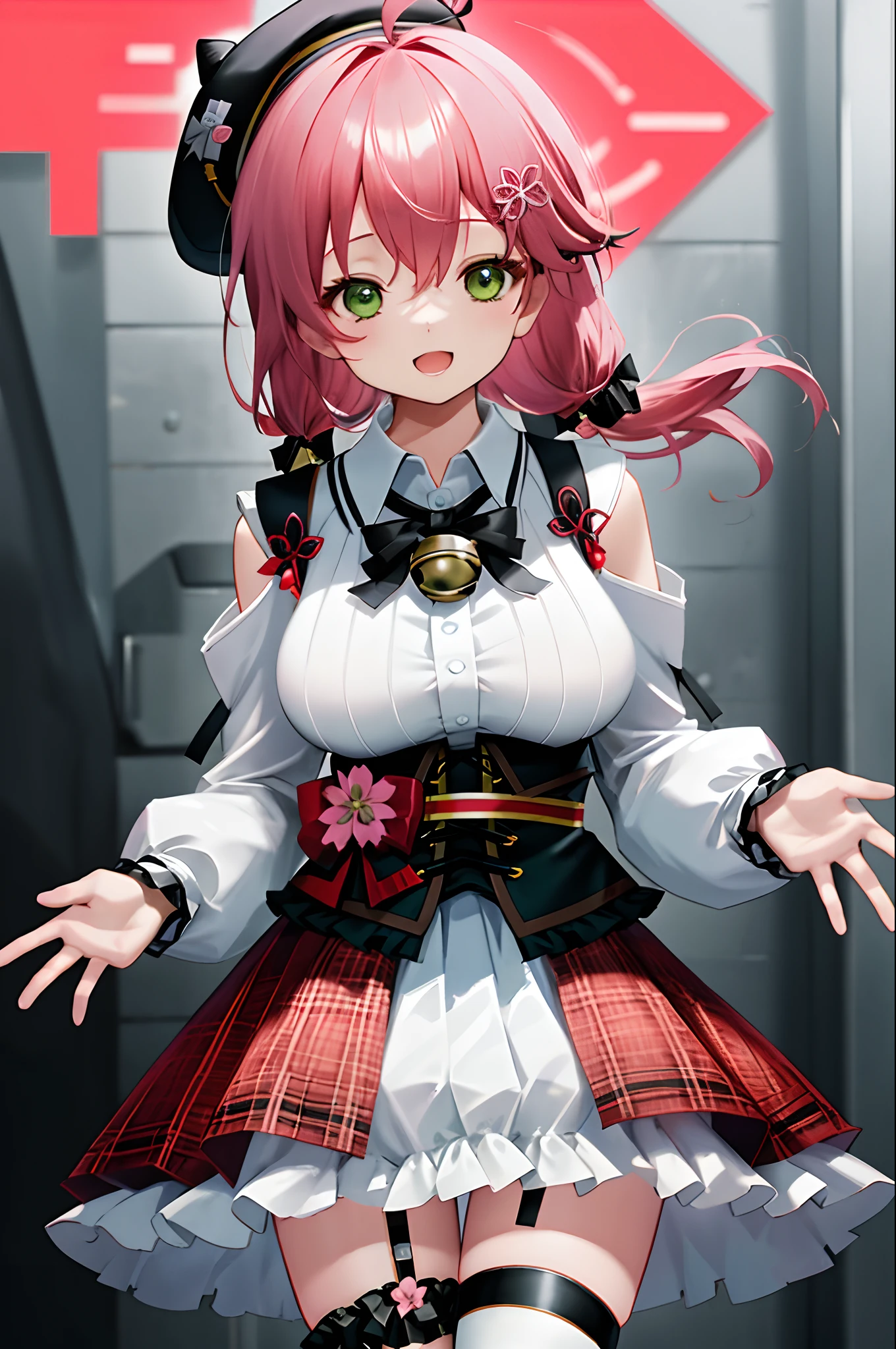 masutepiece, Best_Quality, hight_resolution, miko2,Ponytail, 1girl, Green eyes, Ahoge, black headwear, Hair Ornament, White shirt, black thighhighs, Pink hair, Red_skirt, very_short_skirt, plaid skirts, garter_strap, Collared shirt, hair clips, frilld, Bangs, hair between eye, frills skirt, beret, Pleated skirt, Hair Flower, Neck bell, , puffy long sleeves, Black bow, Underbust, Cowboy Shot,Smile, gigantic_breasts,covered_nipples, covered_pussy,close_eyes, happy, childlike_posing,spread_legs,