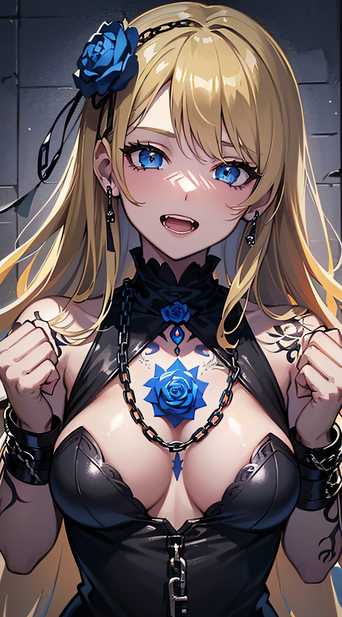 top-quality、Top image quality、masterpiece、girl with((18year old、dark outfit、prisoner、 Best Bust、Bust 85、a blond、Semi-long、Blue eyes、open chest wide、Valley、Happiness、A slender、Provocative behavior、Evil face、Handcuffed、High laughter、Skull Tattoo、Tattoo of roses、Targeting your audience、Tighten blue rose hair、Black aura,Dark Forces,blue flames、Chain Accessories))hiquality、Beautiful Art、Background with((prison、Dark impression、House of Darkness、many chains))、masutepiece、Elaborate design、visualart、dark art