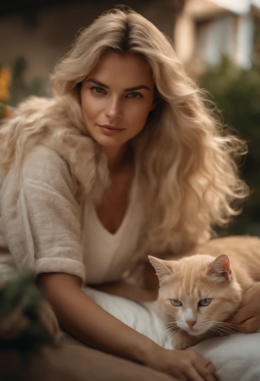 Woman dressed in comfortable blonde clothes in her front bed with her cat, tocando o nariz de seu gato, estilo anos 80, tiro de meio corpo, foto de alta qualidade. Realistic 8K