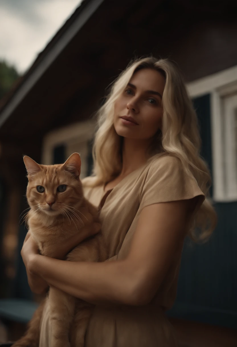 photo Raw. beautiful wicked blonde hair girl. Cat drenched in thick red sauce. girl holding the cat by the neck. Abhorrent, terror, tenebrism, horror, respulsive, national geographic, detailed, realistic