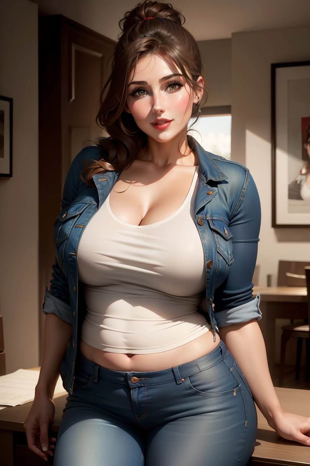 Lucy Pinder, portrait, face portrait, red lips, smiling, voluptuous, chubby woman, hair tied in a chignon, brown hair, short hair, blue t-shirt, black jacket, jeans.}