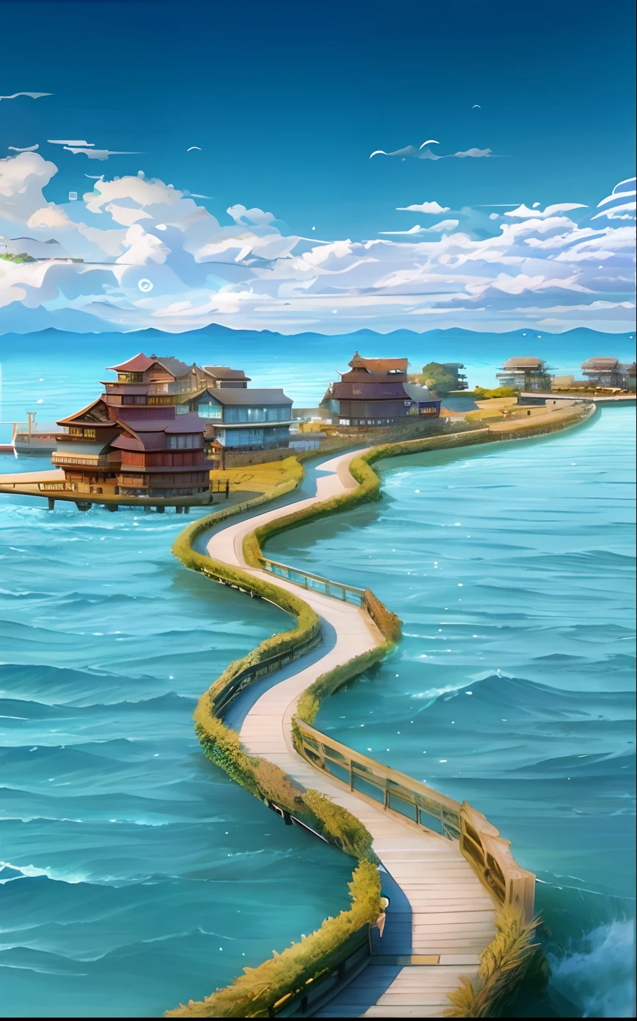 There was a man standing on the pier looking at the water, serene illustration, Makoto Shinkai Cyril Rolando, cyril rolando and goro fujita, Makoto Shinkai e Tom Bagshaw, A beautiful artwork illustration, rob rey and kentaro miura style, rob rey and kentarõ miura, author:Li Tiefu