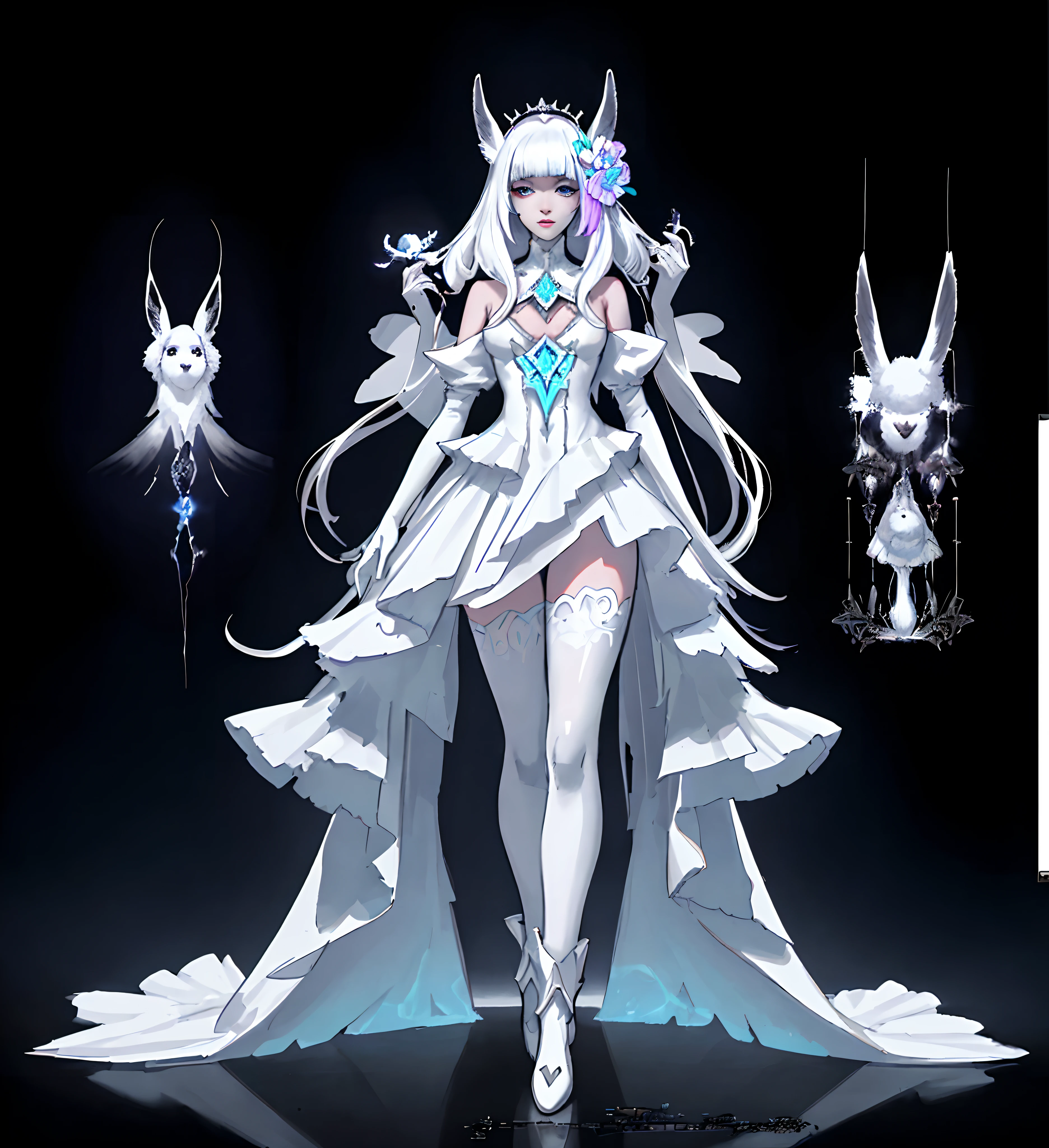 （full body standing）, full body shot 、A bright white fluffy dress、Llama Princess, magical, antarctic dress、flower, bright neon highlights, detailed intricate ink illustration, dark atmosphere, detailed illustration, hd, 4k, digital art, overdetailed art, concept art, by greg rutkowski, by Alfons Mucha, complementing colors, Trending on artstation, deviantart, anthro