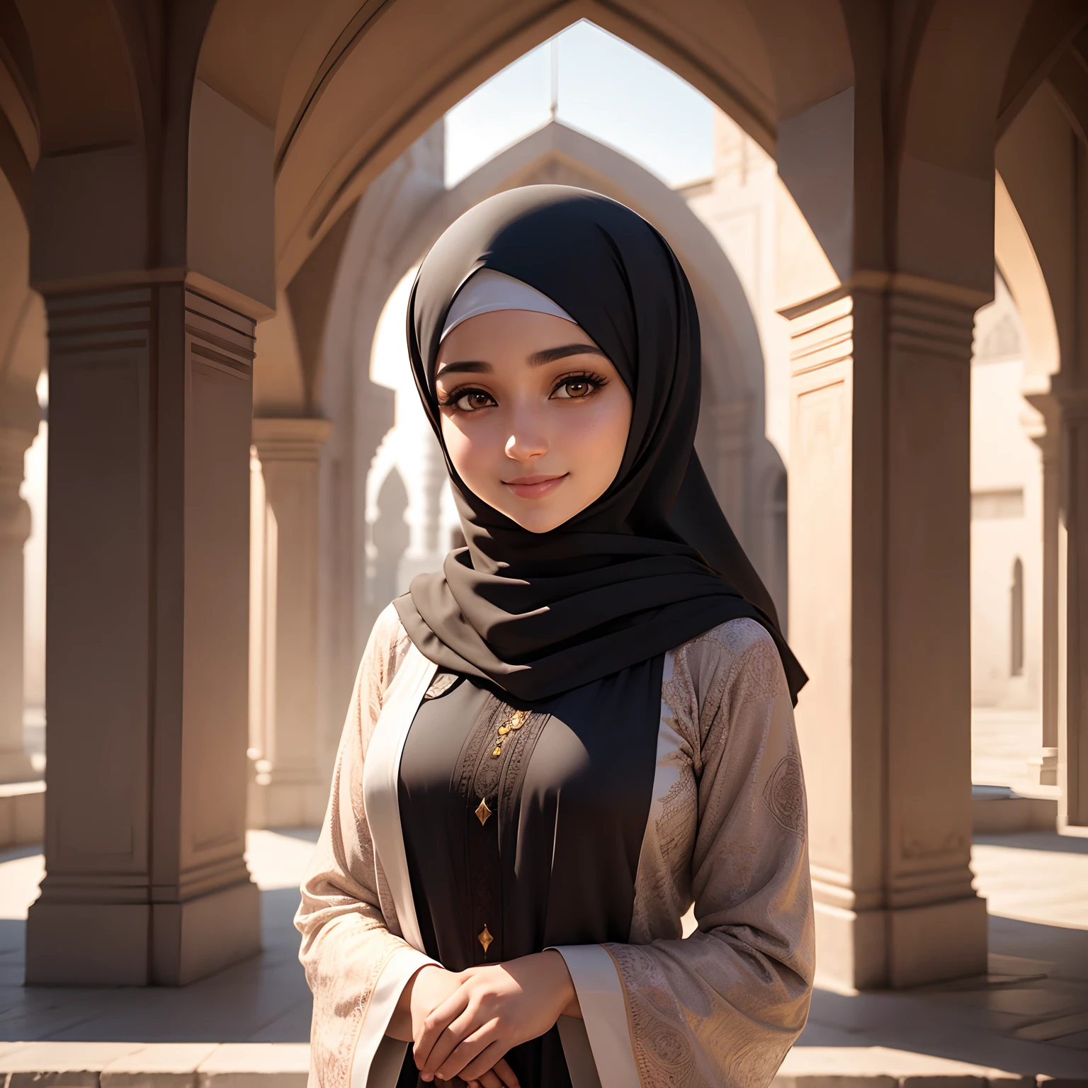 "A 28-year-old Muslim girl, wearing a full hijab, stands confidently with a serene smile, ready to capture her in a beautiful setting in ultra HD quality."