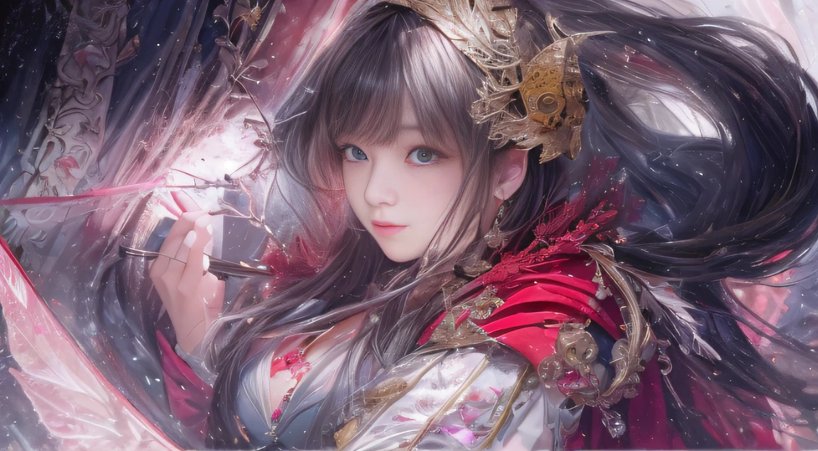 Fantasy Fairy Tales 32K,复杂,ellegance,highly detailed,A majestic,Digital photography,Top cinema lenses,surrealism painting,Broken rubies,Beating magic,Entwined water magic,(tmasterpiece,Cinematic light,Fine beautiful eyes:1.2),hdr,Void 5 Energy Storm,(China 1 girl,Black eyes:1.5),Rouge skin,Glowing skin,(sitting on the stone:1.5),delicated face,Black color hair,Wearing palatial red armor,cropped shoulders,The legend of the fantasy fairy,long skirt,Beautiful platinum armor,Rained,big breasts beautiful,looking at viewert,Face away from the camera,tmasterpiece,Side upper body,Side portrait close-up