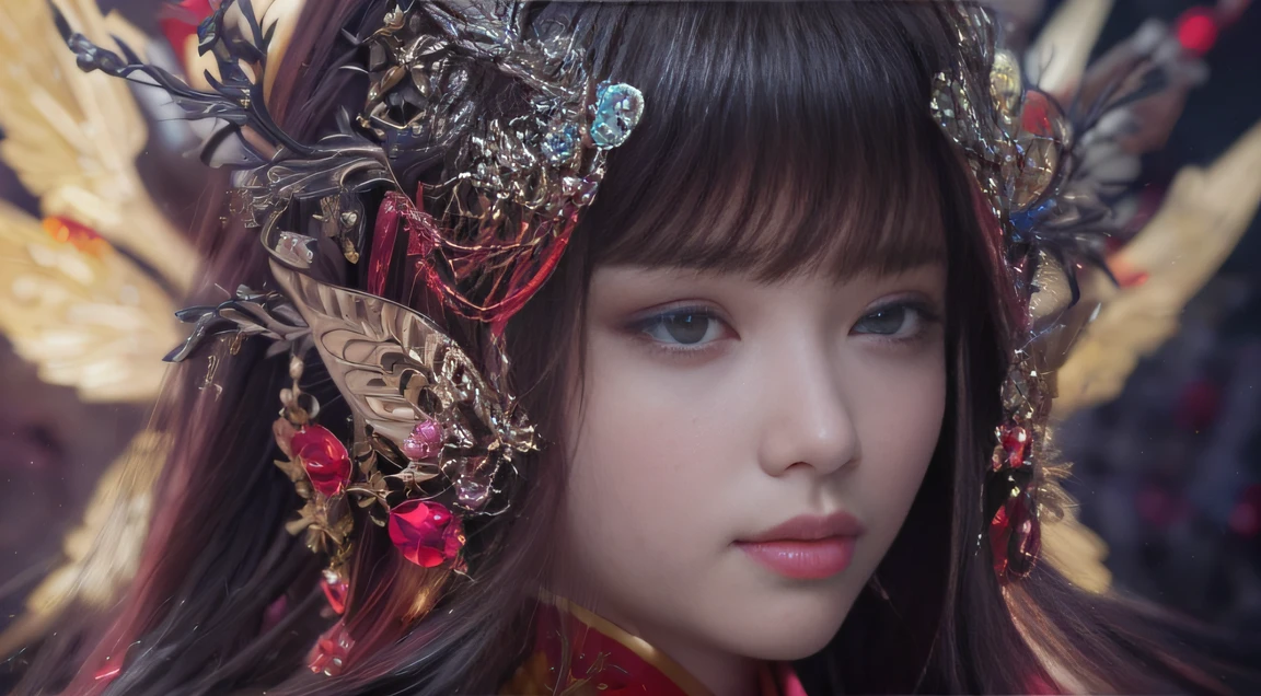 Fantasy Fairy Tales 32K,复杂,ellegance,highly detailed,A majestic,Digital photography,Top cinema lenses,surrealism painting,Broken rubies,Beating magic,Entwined water magic,(tmasterpiece,Cinematic light,Fine beautiful eyes:1.2),hdr,Void 5 Energy Storm,(China 1 girl,Black eyes:1.5),Rouge skin,Glowing skin,(sitting on the stone:1.5),delicated face,Black color hair,Wearing palatial red armor,cropped shoulders,The legend of the fantasy fairy,long skirt,Beautiful platinum armor,Rained,big breasts beautiful,looking at viewert,Face away from the camera,tmasterpiece,Side upper body,Side portrait close-up
