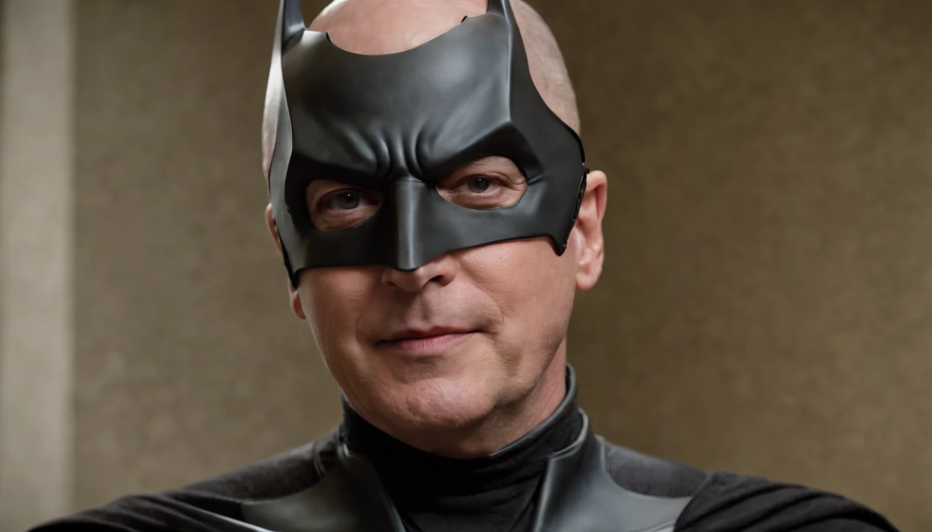 James Spader face, 63-year-old,2022, Oldman, bald, without hair, smiling face, muscle, wear a batman costume Take off your mask, (Full-body image.)