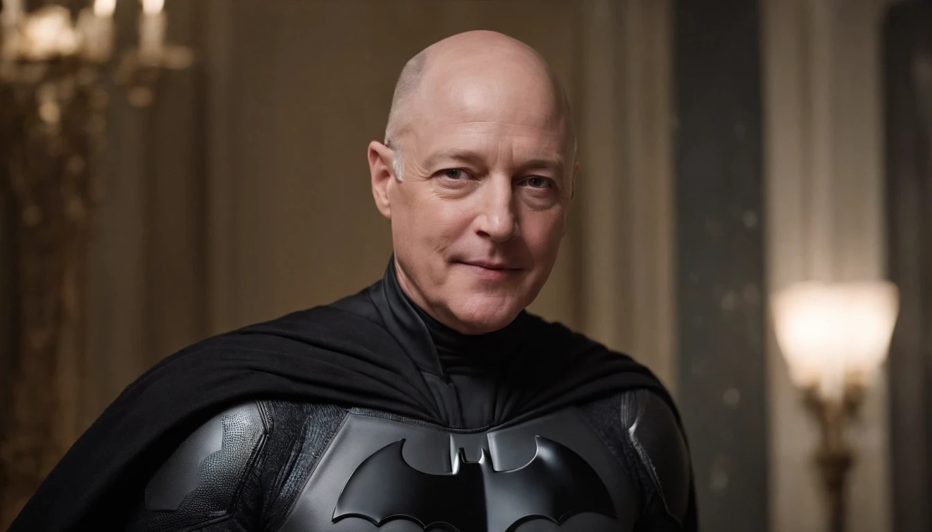 James Spader face, 63-year-old,2022, Oldman, bald, without hair, smiling face, muscle, wear a batman costume Take off your mask, (Full-body image.)