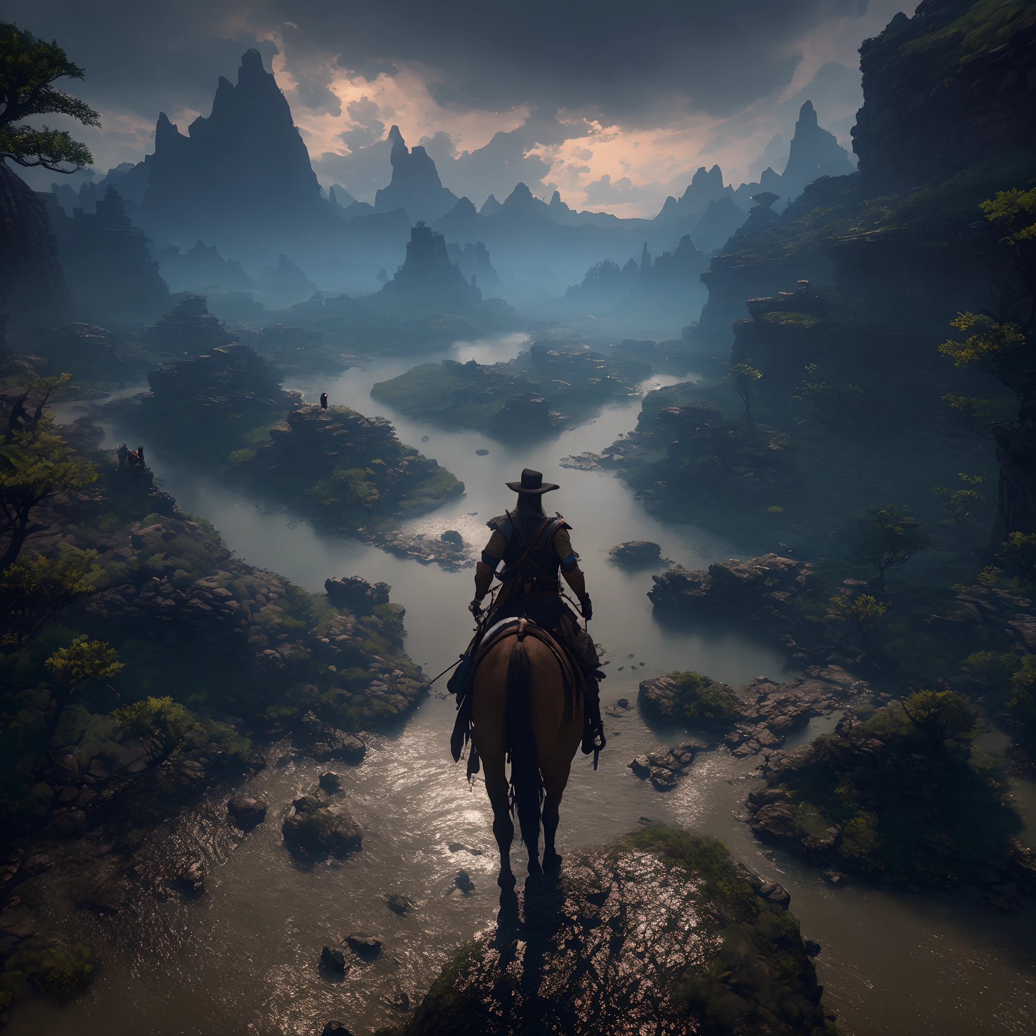 A man on the mountain rode across a river, lonely rider, square enix cinematic art, Cinematic realism, Game art matte, fantasy style 8 k octane render, 4K, 8K, Unreal Engine fantasy, 8 k matte, 8K matte, elegant cinematic fantasy art, (rendering by octane) Fantasy style