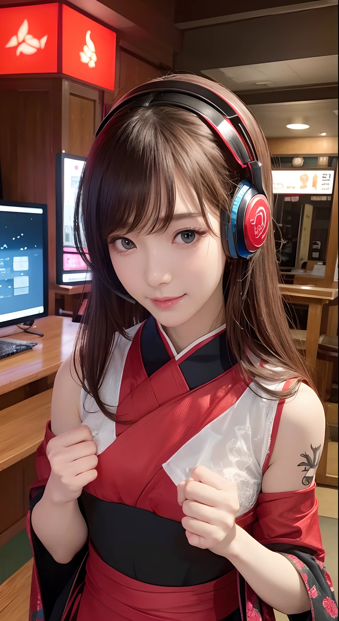 Izakaya，shop front,karaoke,​masterpiece, 1 beautiful girl, Detailed eye, Swollen eyes, top-quality, 超A high resolution, (reality: 1.4), 电影灯光, japanes, a asian beauty, very extremely beautiful, Beautiful skins, A slender, Forward-facing body, (A hyper-realistic), (hight resolution), (8K), (ighly detailed), ( Best Illustration), (beautifully detailed eyes), (ultra-detailliert), 详细的脸, Bright lighting, Professional Lighting、The background is a cyberpunk room with a large number of monitors..、The cord is connected from the costume、Hair color is red、headset on head、small tattoo on face、Female Game Commentator
