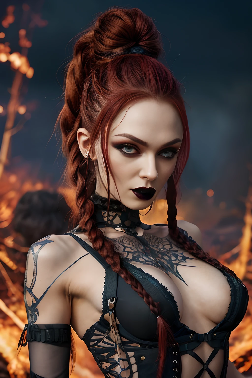 rim lighting, (upper body portrait:1.2), gorgeous cute skinny pale (MF) woman,red long hair waving in the wind, braids, buns, goth girl, goth clothes, eye makeup, perfect symmetrical face, small breasts, dynamic pose, looking into the camera, fire blaze, fractal background, apocalyptica, raw color photo, perfectly photorealistic, incredibly detailed, 8k, UHD, 50mm photography, sfw