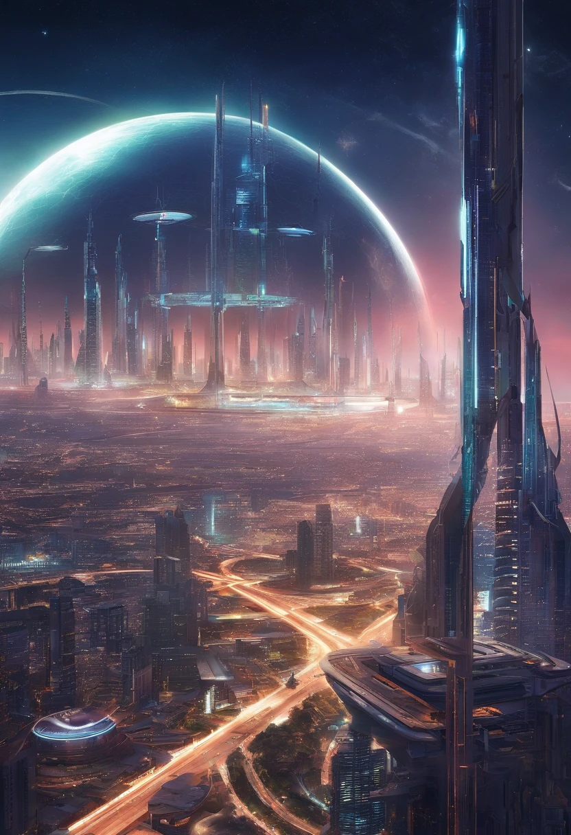 The metropolis of the future, Kilometers of spires rush upwards;.