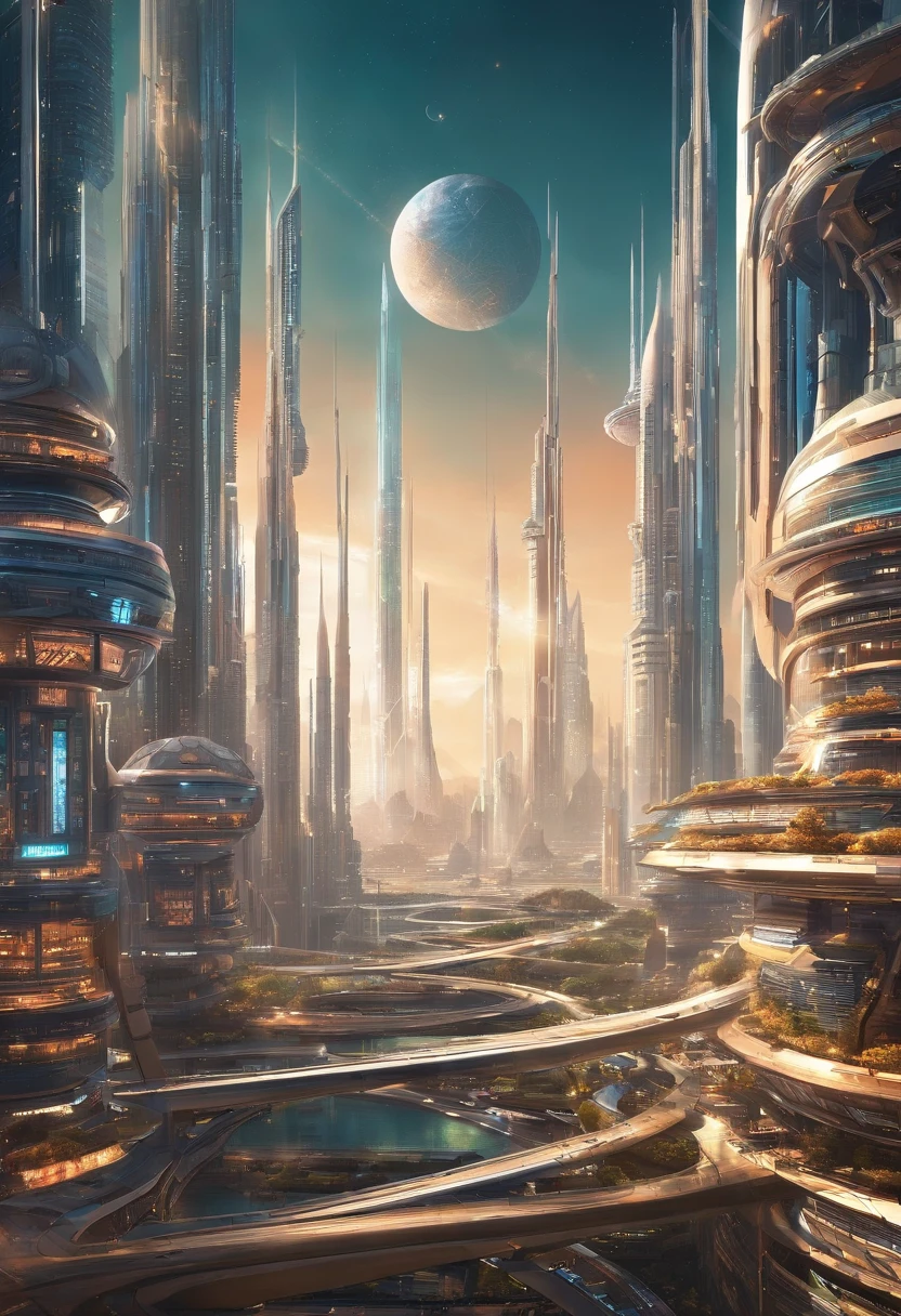 The metropolis of the future, Kilometers of spires rush upwards;.
