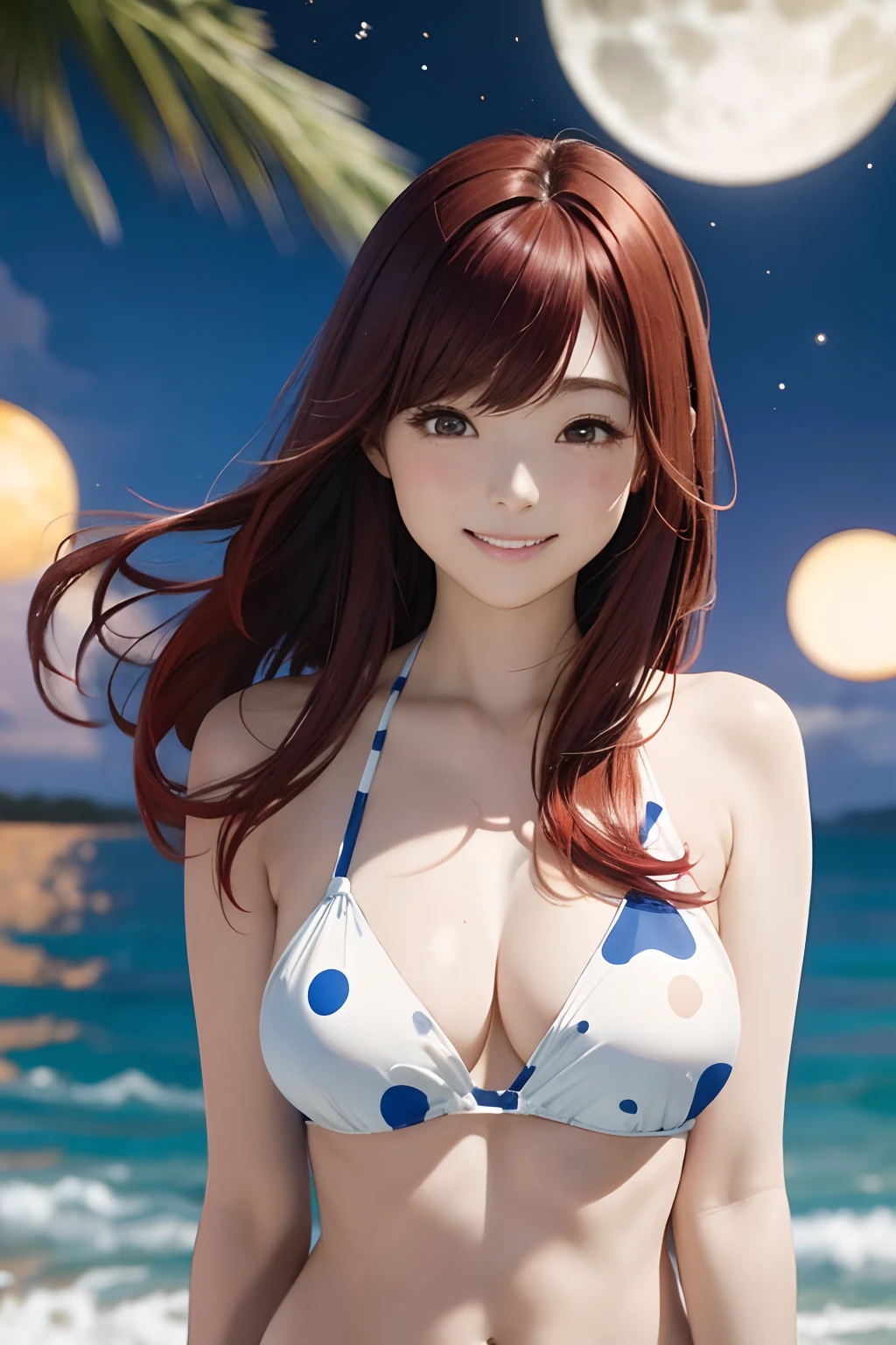 FULL BODYSHOT、an oil painting、masterpiece、top-quality、hight resolution、Red hair、Cheerful woman、A smile、Closing one eye、Coast at night、night sky full of stars、Super Long Hair、smooth hair、White and blue polka dot bikini、The right eye is closed、Beach at night、White and blue dotted bikini