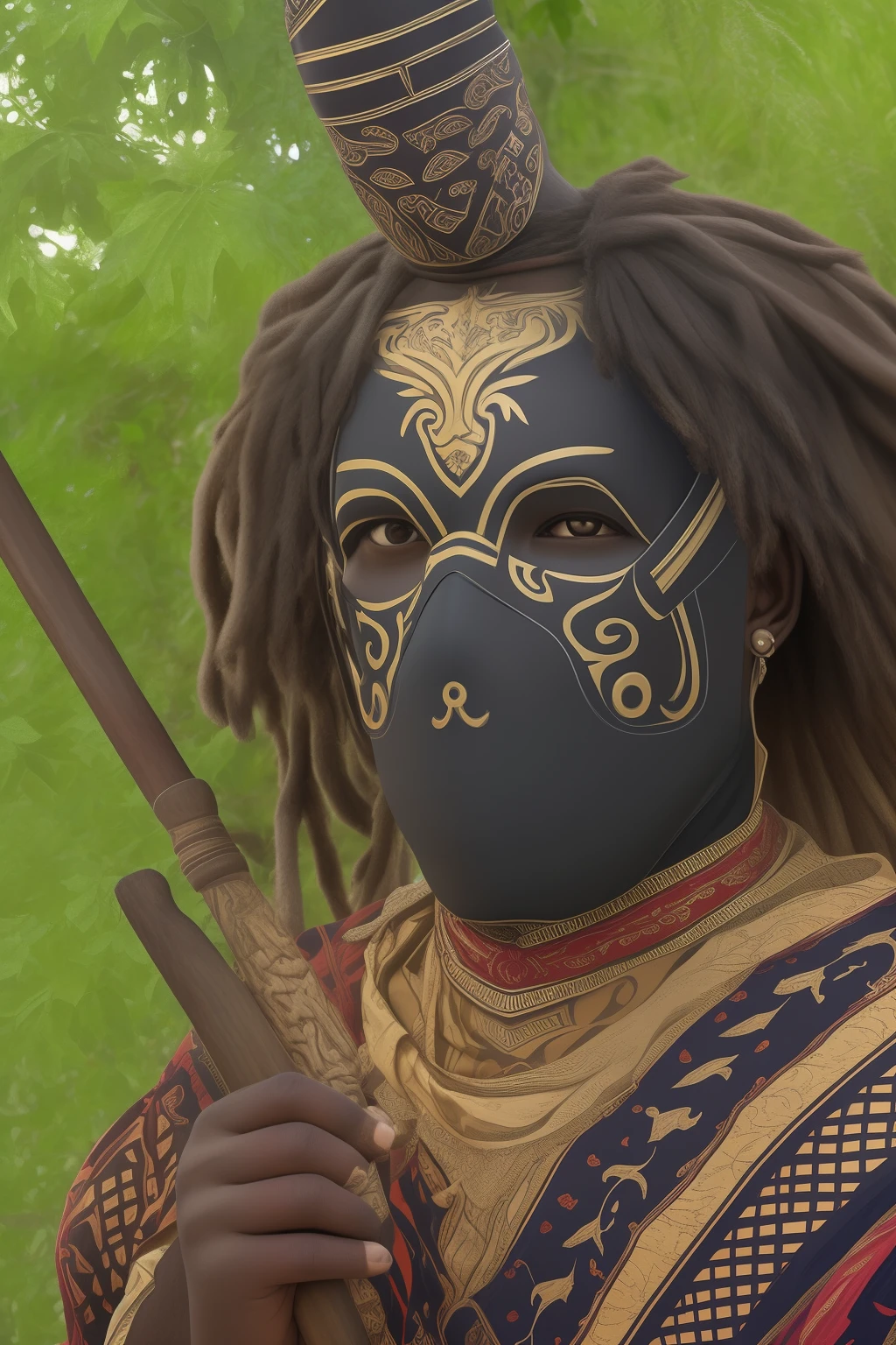 African male personagen in dark traditional dress with a wizard's staff and wearing a black sanitary mask --auto --s2