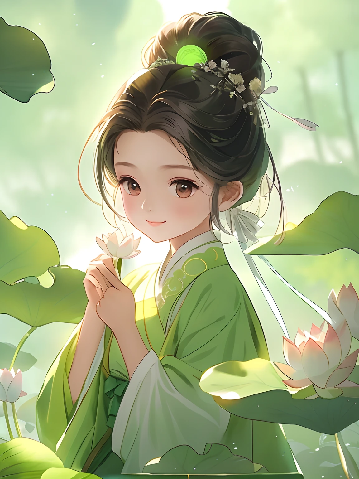 One in a green dress，Close-up of a woman wearing a white veil, Palace ， A girl in Hanfu, Guviz-style artwork, Chinese girl, Guviz, White Hanfu, Beautiful character painting, dressed in simple robes, a serene smile, Realistic anime 3 D style, Hanfu, trending on cgstation, beautiful avatar picture, 8K))