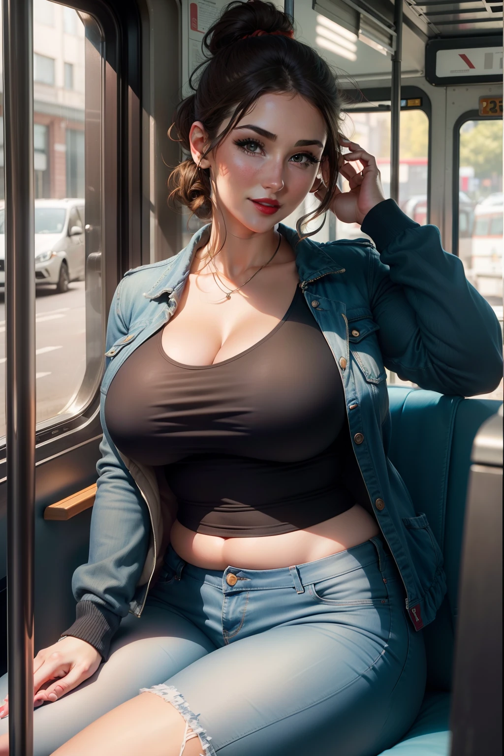 Lucy Pinder, portrait, face portrait, red lips, smiling, voluptuous, chubby woman, hair tied in a chignon, brown hair, short hair, blue t-shirt, black jacket, jeans, sitting on the bus