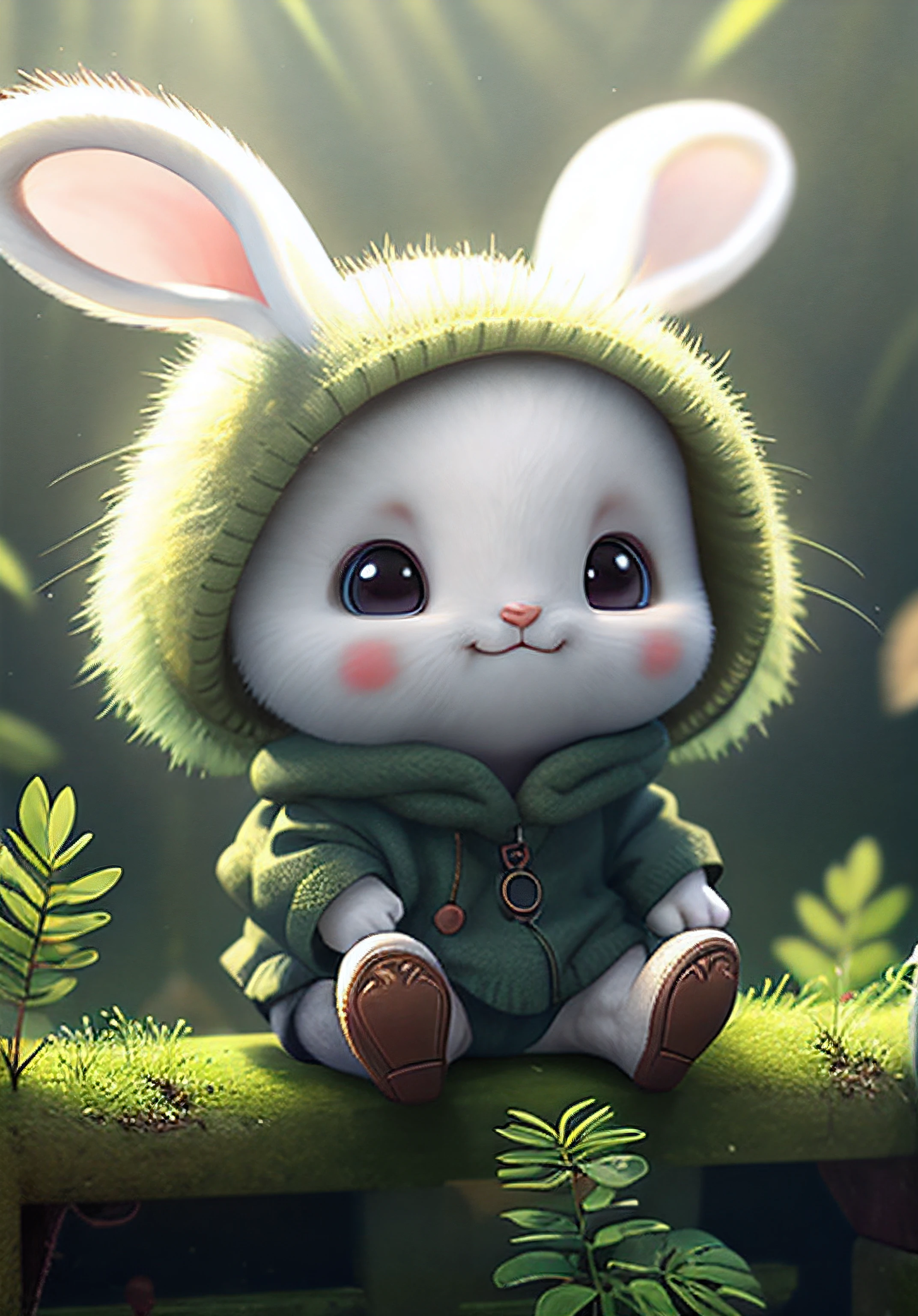 there is a little bunny that is sitting on a ledge, adorable digital painting, cute digital art, cute detailed digital art, cute cartoon character, cute character, cute 3 d render, cute cartoon, cute characters, cute anthropomorphic bunny, cute detailed artwork, cute art style, fantasy matte painting，cute, cute artwork, cute forest creature, cute anime, bright lighting, vivid color