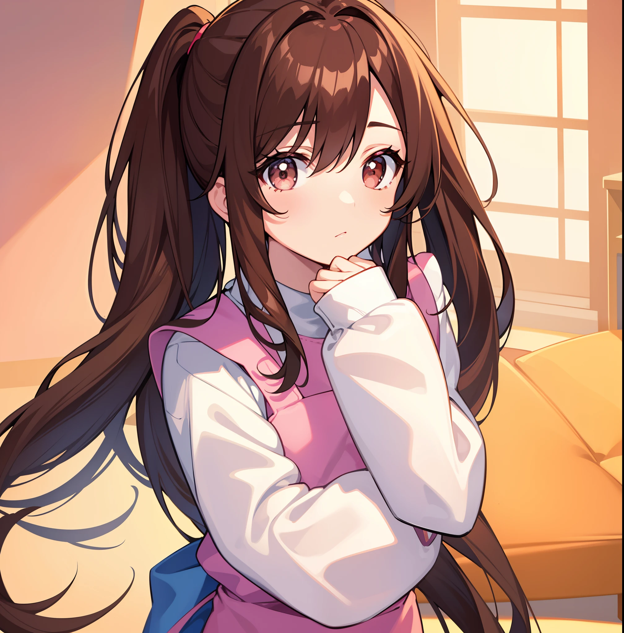 hiquality, tmasterpiece. the anime. (One adult girl). elongated face. Narrow mouth. brown eye. Brown hair. pony tail. Clothing beige sweater. pink apron. in the background of the room