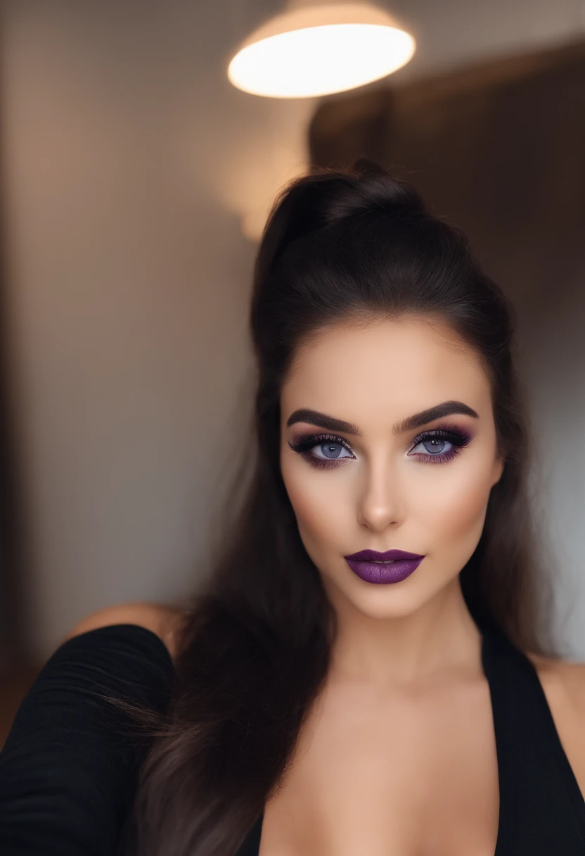 femme bouffie portant une tenue noire, fille sexy aux yeux bruns, Portrait Sophie Mudd, cheveux bruns et grands yeux, selfie of a young woman, Yeux de chambre, Violet Myers, pas de maquillage, maquillage naturel, Regarder directement le spectateur, body straight forward , Visage avec Artgram, Maquillage subtil, Superbe photo du corps entier, dans la chambre, clivage, blue eyes