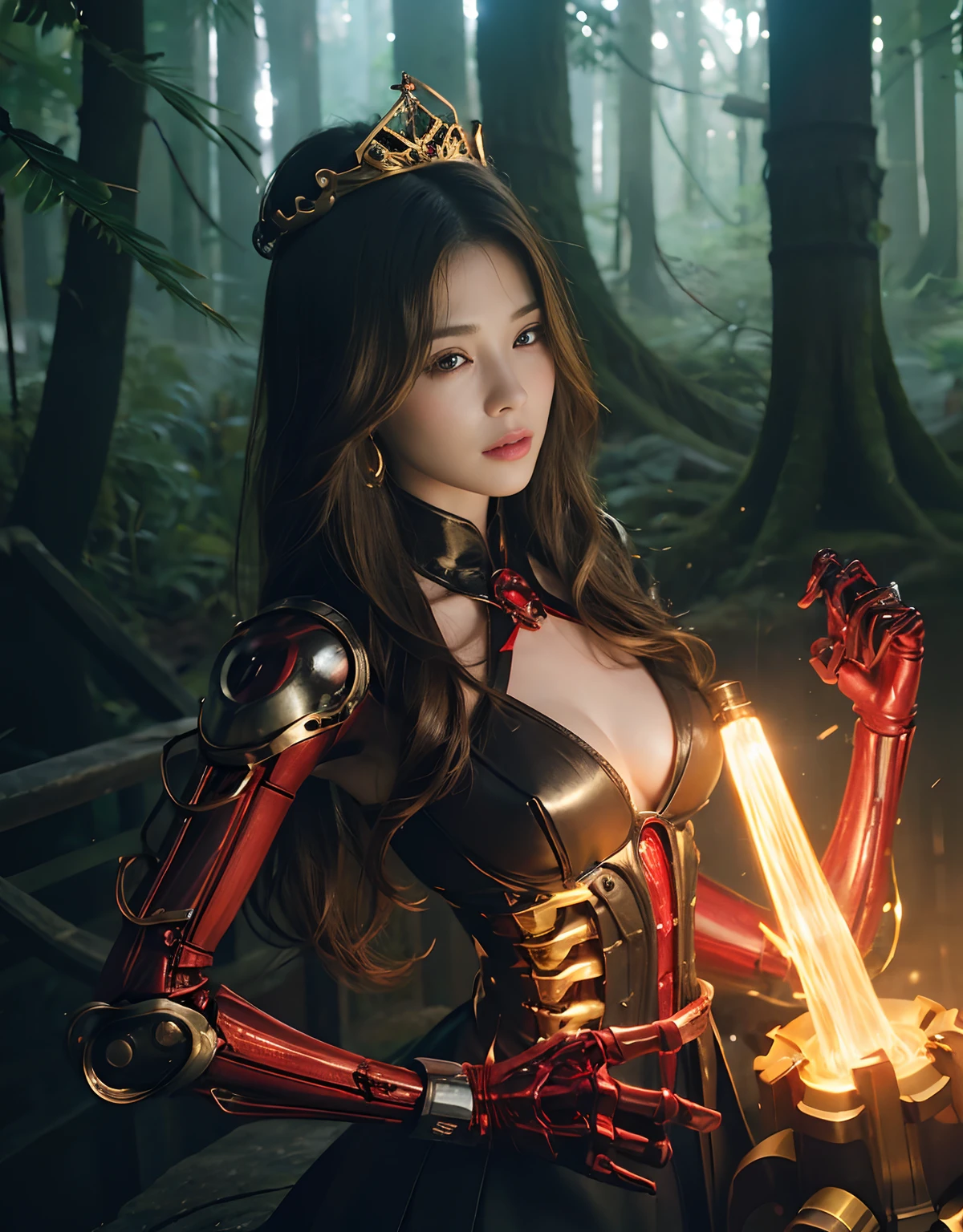 (1 Mechanical Girl)、top-quality、​masterpiece、超A high resolution、(Wearing a crown made of jewels),(Photorealsitic:1.4)、Raw photo、女の子1人、Golden hair、glowy skin、(((1 Mechanical Girl)))、（Realistic dragon background）、（Fighting a big dragon）、With a beautiful knife、（Metal bodysuit）、(beautiful forest background)、Precipitous cliffs、(Small LED)、((super realistic details))、portlate、globalillumination、Shadow、octan render、（One-Eyed Scouter）、8K、ultrasharp、Colossal tits、Raw skin is exposed in cleavage、metals、Details of complex ornaments、Japan details、highly intricate detail、Realistic light、CGSoation Trends、Red Eyes、radiant eyes、Facing the camera、neon details、(Mechanical limbs)、(blood vessels connected to tubes)、Mechanical vertebrae attached to the back、mechanical cervical attaching to neck、(Wires and cables connecting to the head)、Gundam、Small LED、,Mechanical thighs、Toostock、（Hands are also made of machines）、