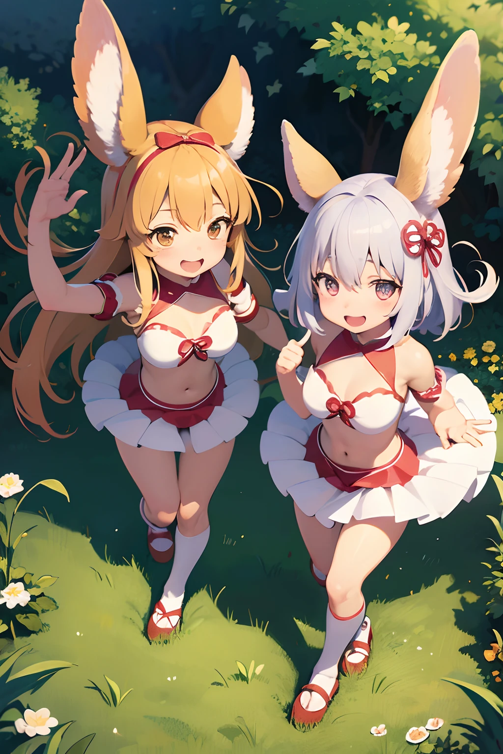 (masutepiece, of the highest quality, superfine illustration, Realistic, Detailed background: 1.4)、Stadium、Nanachi and Riko dancing happily、Cheergirl costumes、Pants are visible、A smile、high-angle