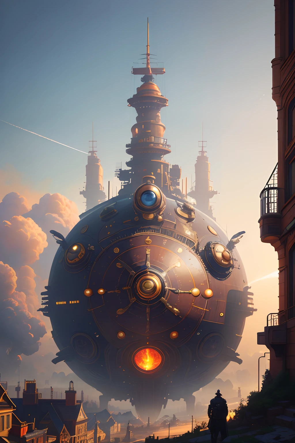 (((Best quality))),(((Ultra detailed))),(((Masterpiece))), illustration, Steampunk villa, Steam cars and airships weave through the streets, Steam robots and smoky ships filled the sky. A complete photograph of the most beautiful artwork in the world,Features steampunk cities,airships, Steam cars, smoke-filled sky, Intricate details, high resolution, Trends on social media, Worth it on Instagram, Futuristic, industry, Mechanical, Vintage, retro-futuristic, Cyberpunk, trending on artstationh, trending on CGSociety, Sci-fi, Adventure, Mystery, exhilarated, deviantart trend.