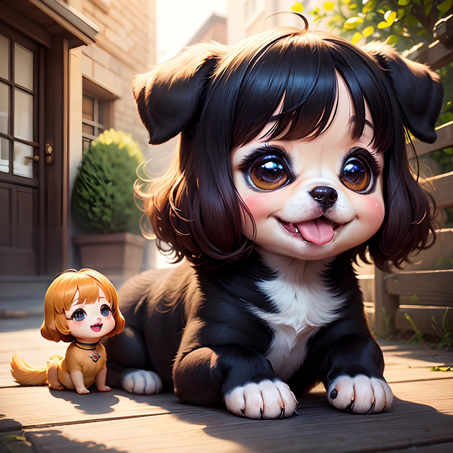 masterpiece、top-quality、ultra-detailliert、(Pigle dog daughter:1.2)、(Chibi Chara:1.1)、droopy ears、wraith、Curly hair、Open your mouth and smile、Chibi Living、the morning sun、rainbows