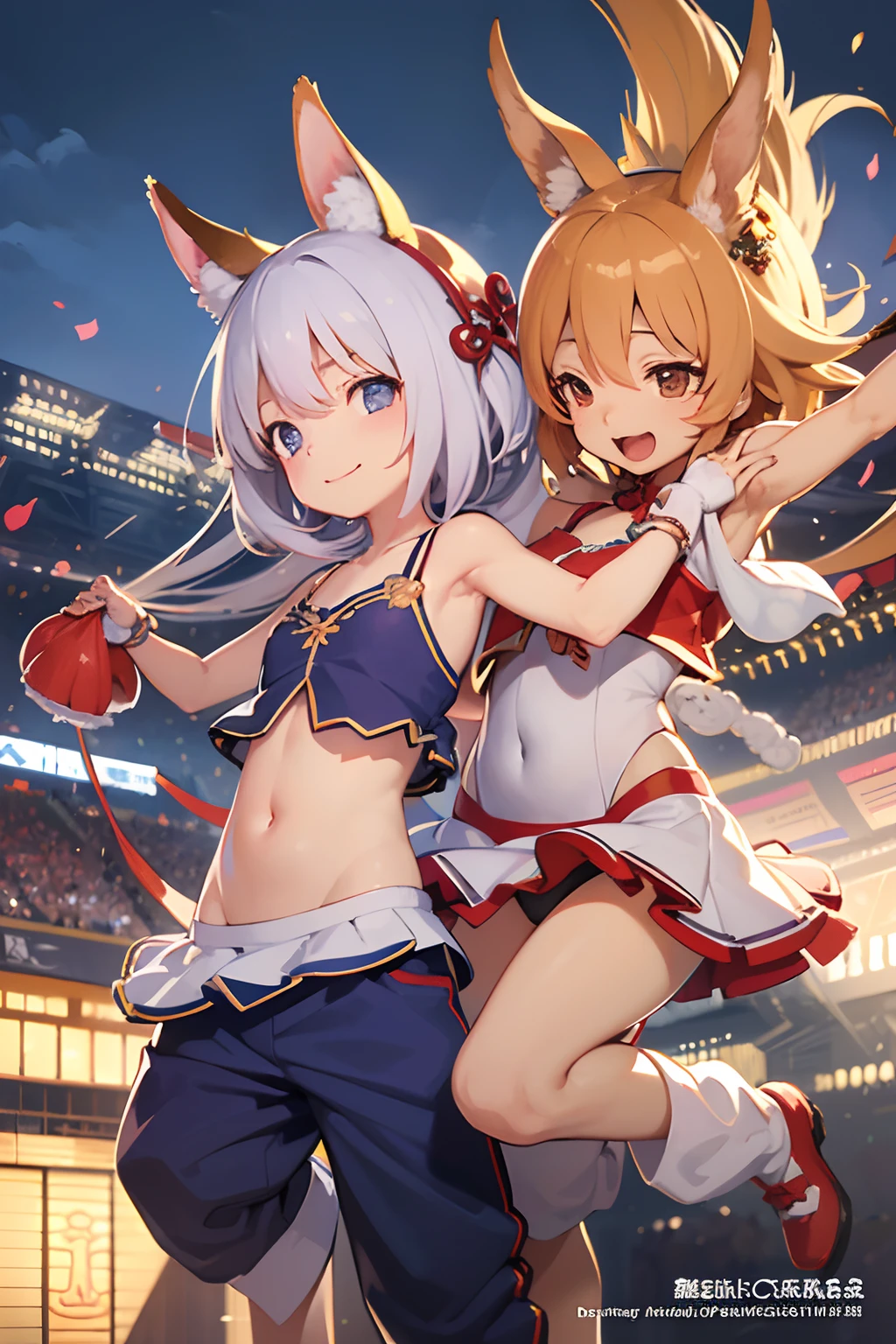 (masutepiece, of the highest quality, superfine illustration, Realistic, Detailed background: 1.4)、Stadium、Nanachi and Riko dancing happily、Cheergirl costumes、Pants are visible、A smile、low angles