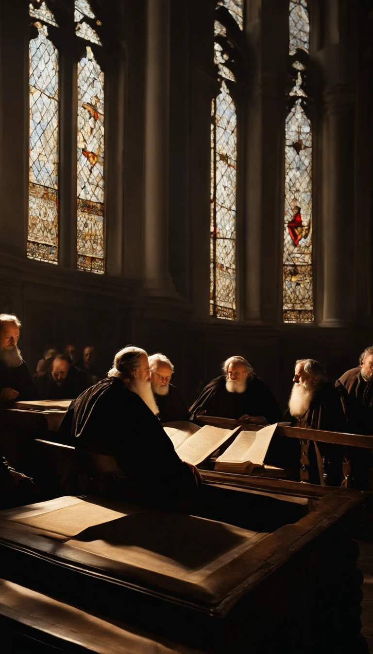 In the year 1633, Galileo confronts the Inquisition Court of the Catholic Church, dressed in 16th-century costumes, whose purpose is to prosecute those considered enemies of the State and faith. Cinematic. The scene unfolds in an austere and somber room with large stained-glass windows, creating a solemn and oppressive atmosphere, the faces of the tribunal members obscured by shadows, Marble sculpture, detailing Galileo's tense expression, --ar 16:9 --v 5, Ultra foto realsisim